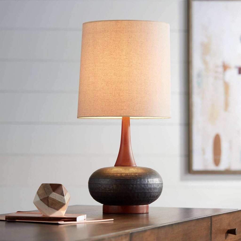 Mid-Century Red Table Lamp — 23" — Wood and Dark Hammered Ceramic