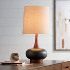 Mid-Century Red Table Lamp — 23" — Wood and Dark Hammered Ceramic