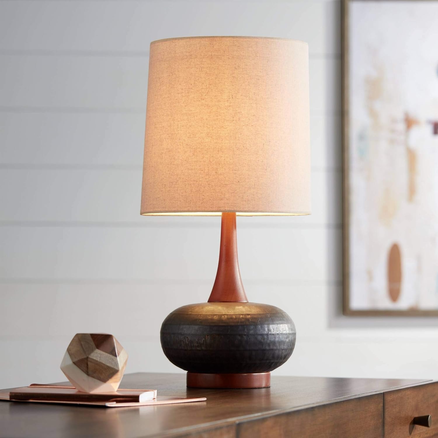 Mid-Century Red Table Lamp — 23" — Wood and Dark Hammered Ceramic