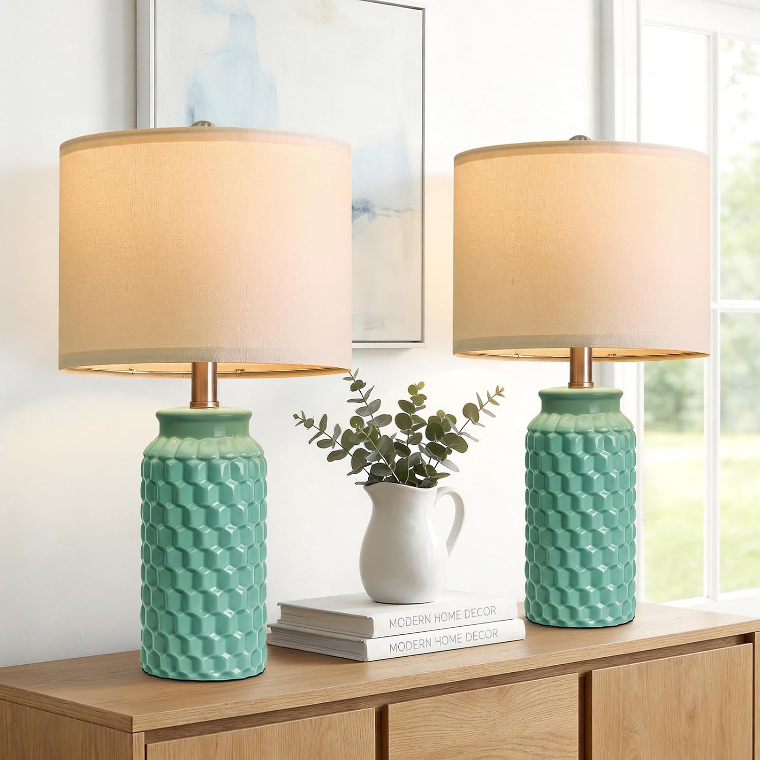 Farmhouse Beige Bedside Lamp — 20.5" — 20.5" Tiffany Blue-2 Pack
