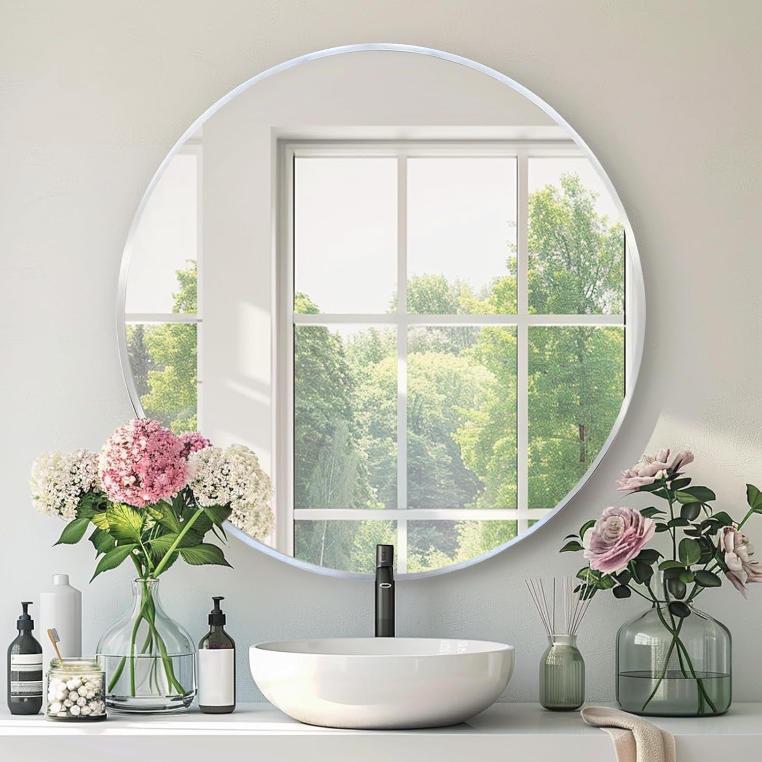 Round Black Mirror — 30" — Silver
