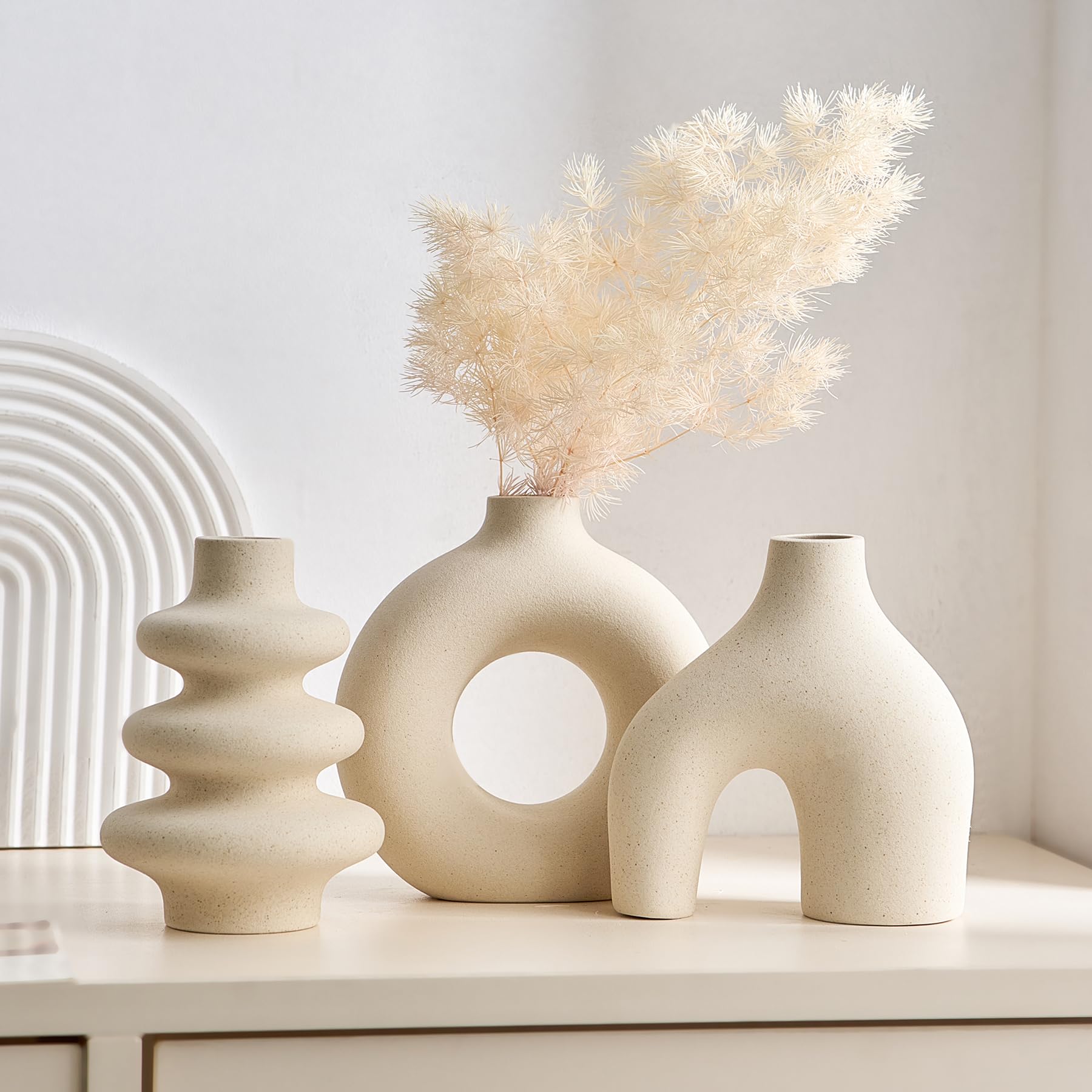 Round Boho Black Flower Vase — Set of 3