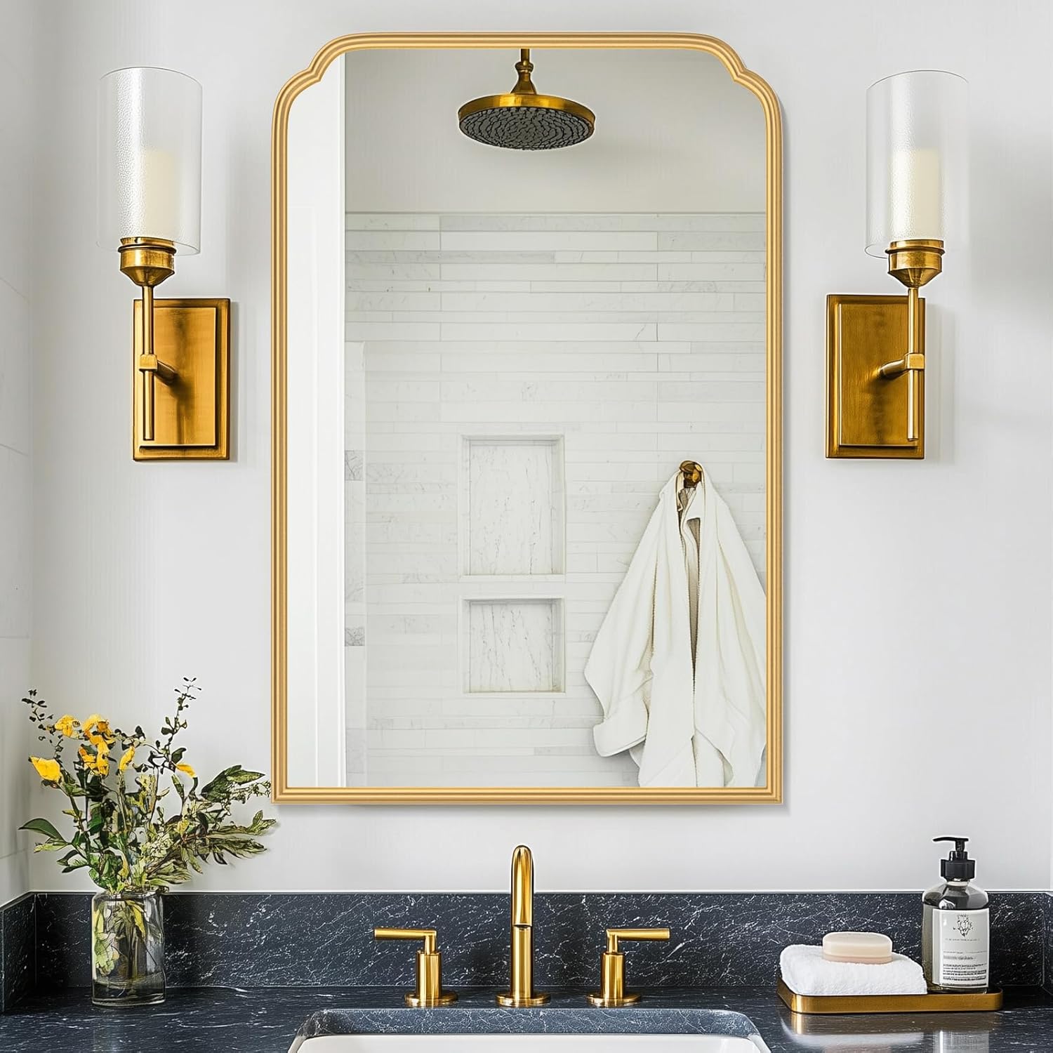Framed Luxe Beige Vanity Mirror — 30" — Gold