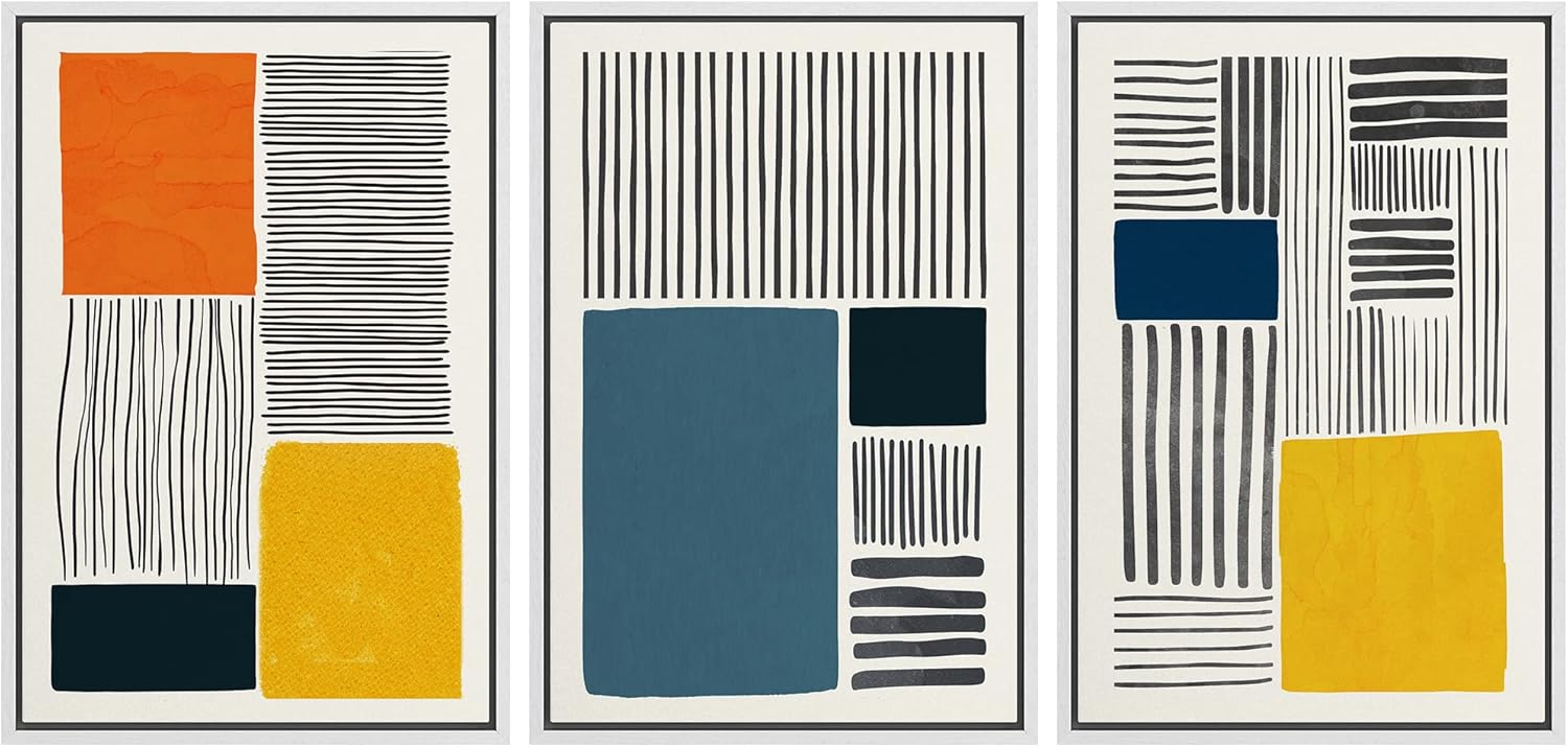 Framed Mid-Century Fabric Wall Art — 24" — 24" x 36" x 3 Panels WHITE