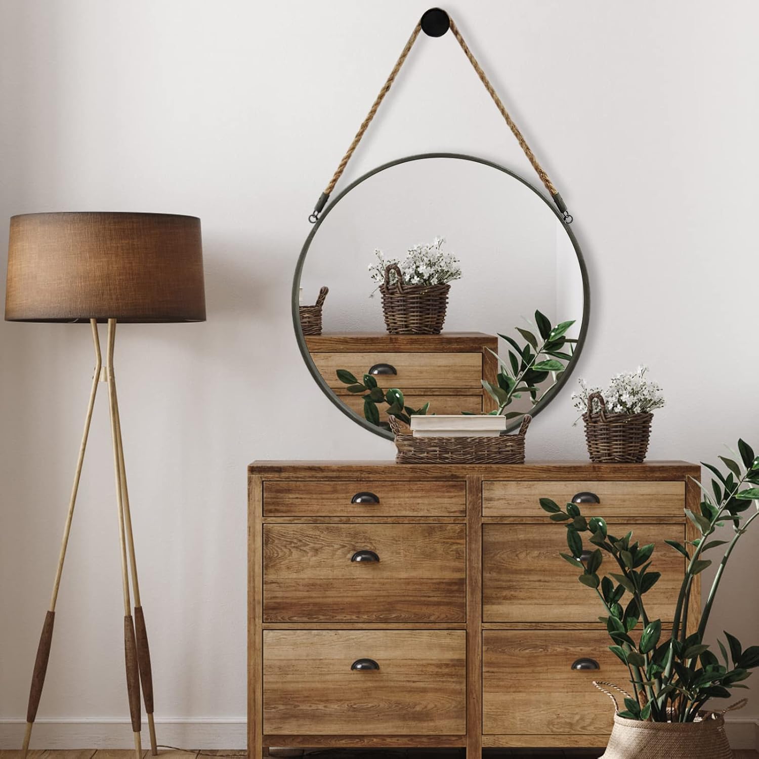 Round Farmhouse Beige Wall Mirror — 15" — Grey