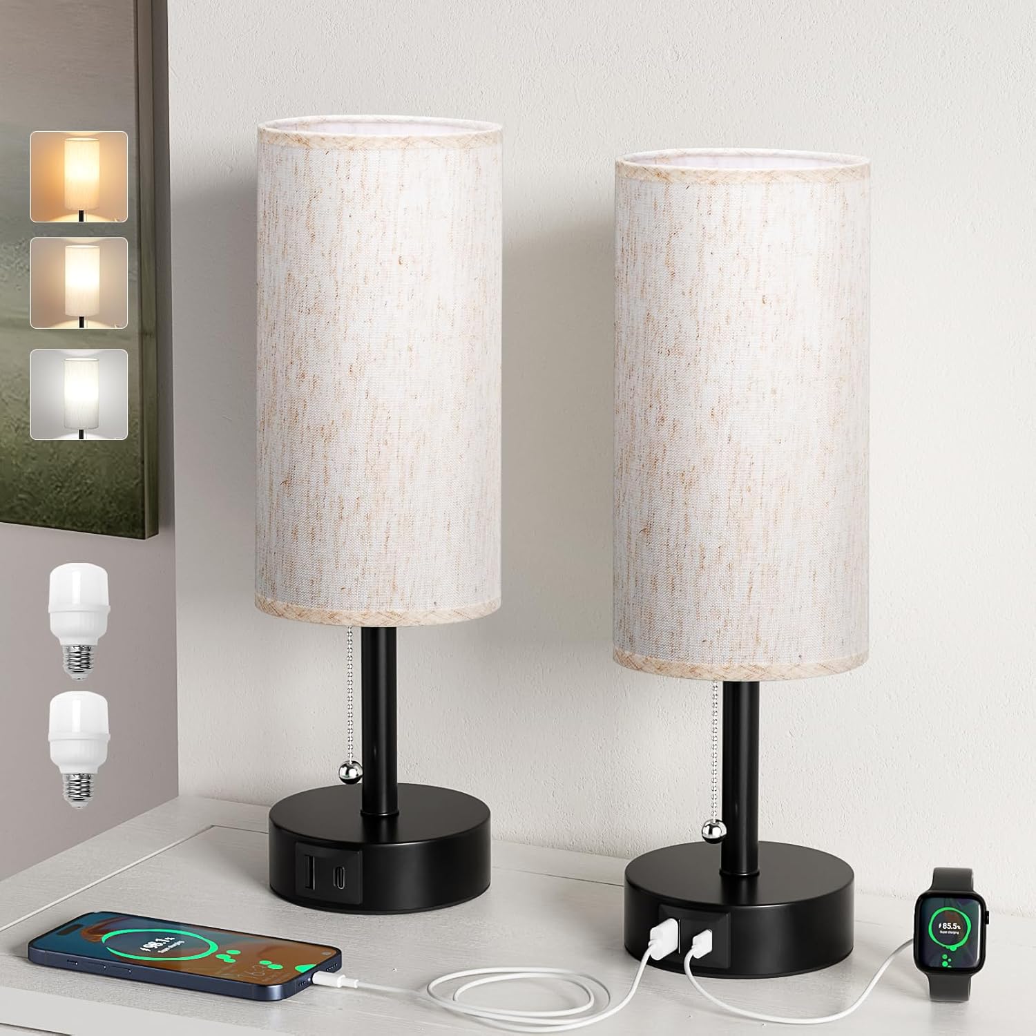 Round Beige LED Bulb — Set of 2 — Cream Lampshade