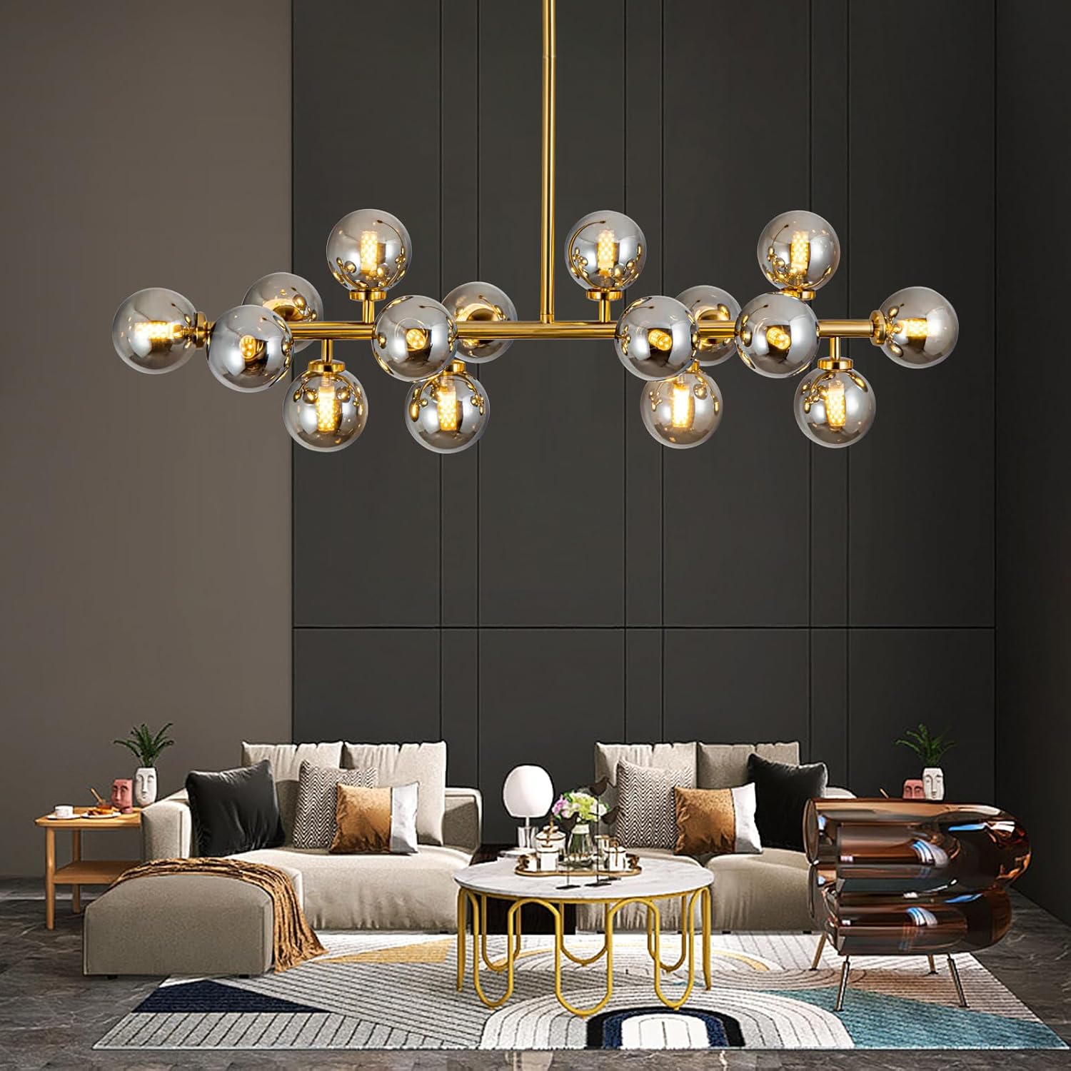Adjustable Luxe Glass Chandelier — 16-Light — Grey-40in-16light