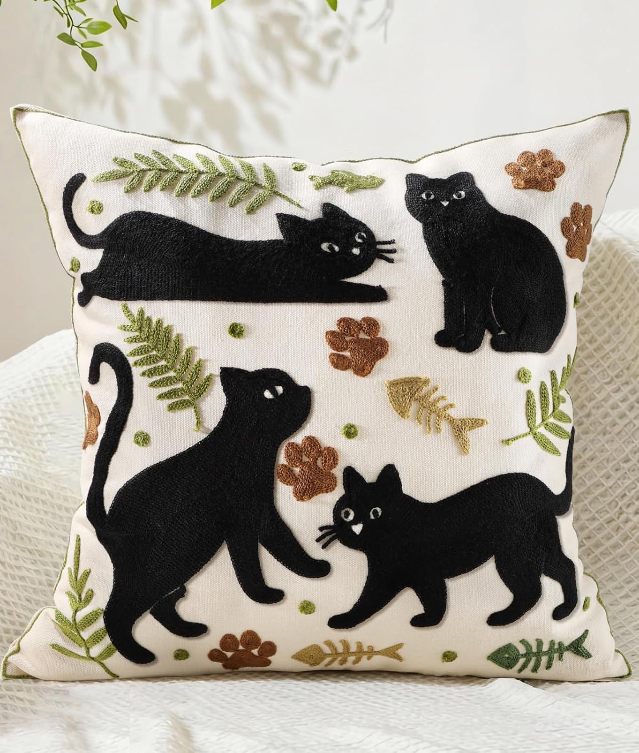 Embroidered Boho Fabric Throw Pillow Cover — 18" — Cat Leaf