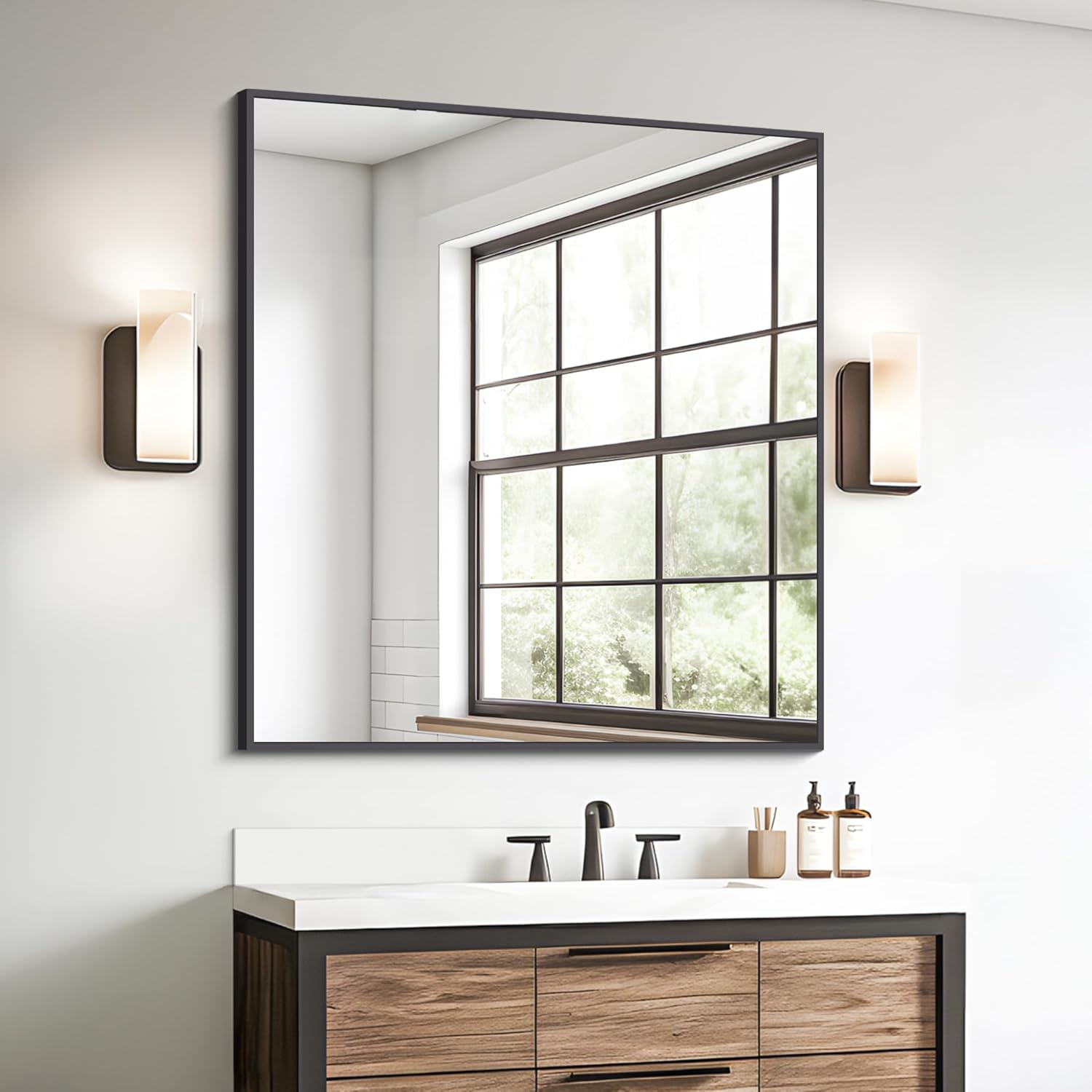 Round Luxe Beige Wall Mirror — 60" — Black Rectangle