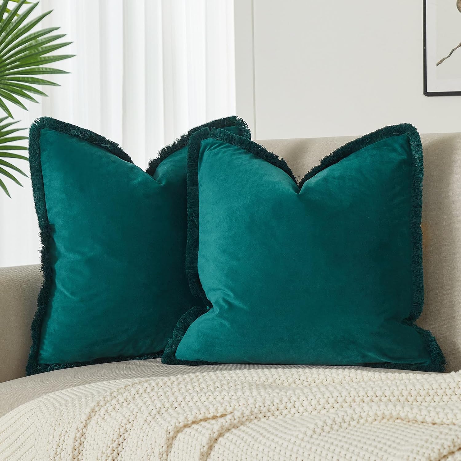 Velvet Boho Beige Throw Pillow Cover — 26" — Peacock Blue