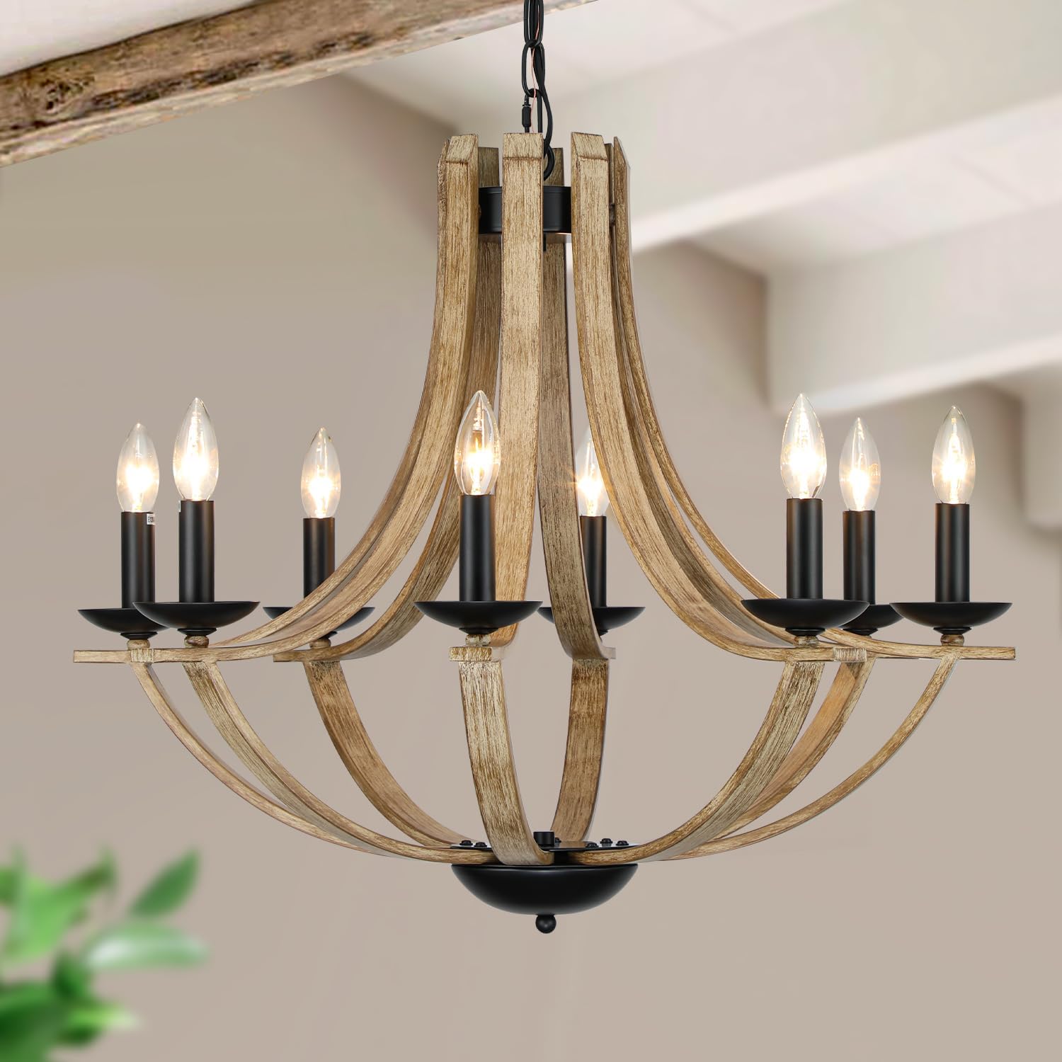 Vintage Farmhouse Black Chandelier — 4-Light — Black+Faux Wood-L8