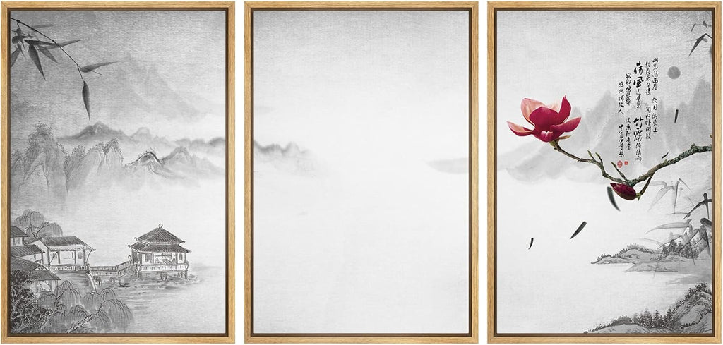 Framed Farmhouse Fabric Wall Art — 24" — 24" x 36" x 3 Panels NATURAL