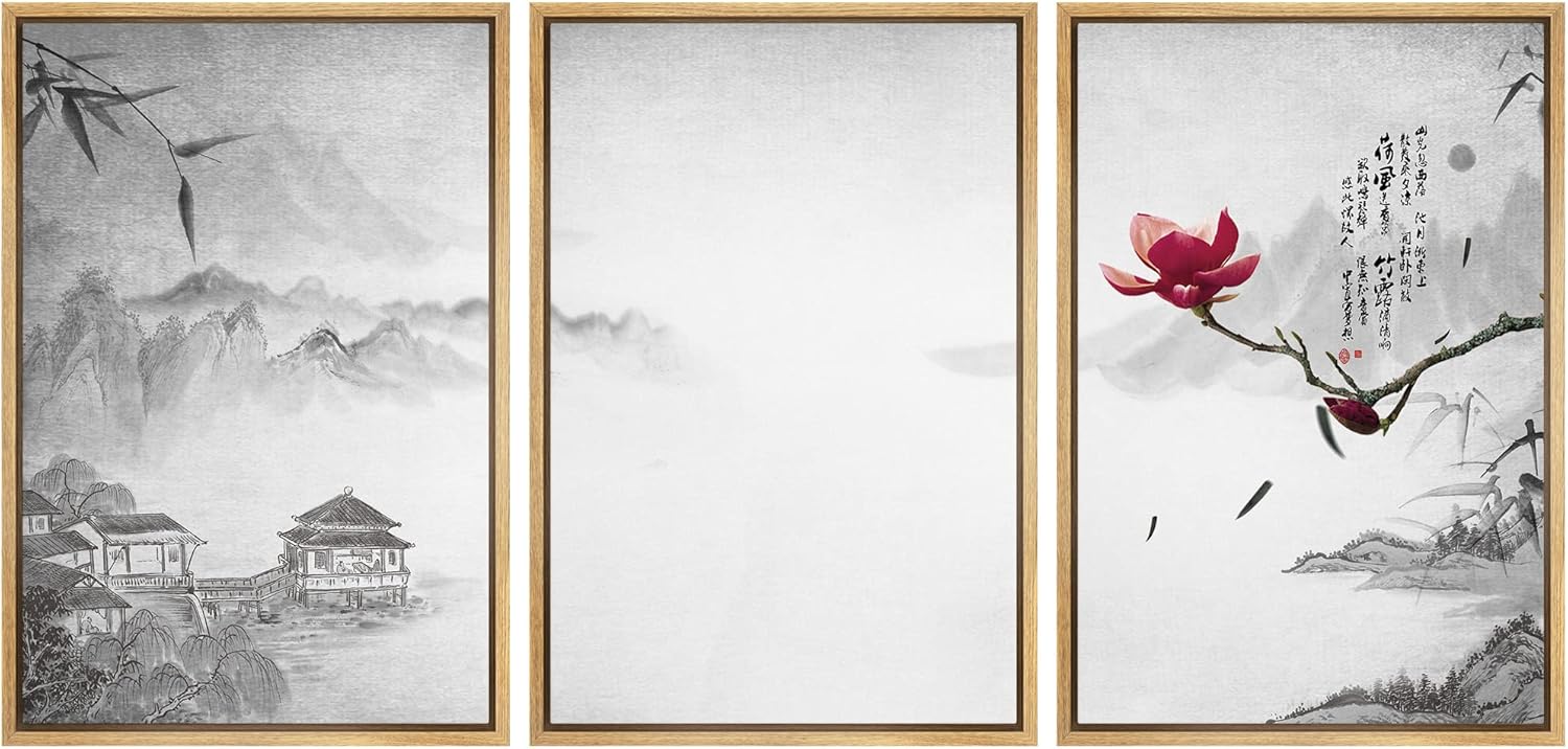 Framed Farmhouse Fabric Wall Art — 24" — 24" x 36" x 3 Panels NATURAL
