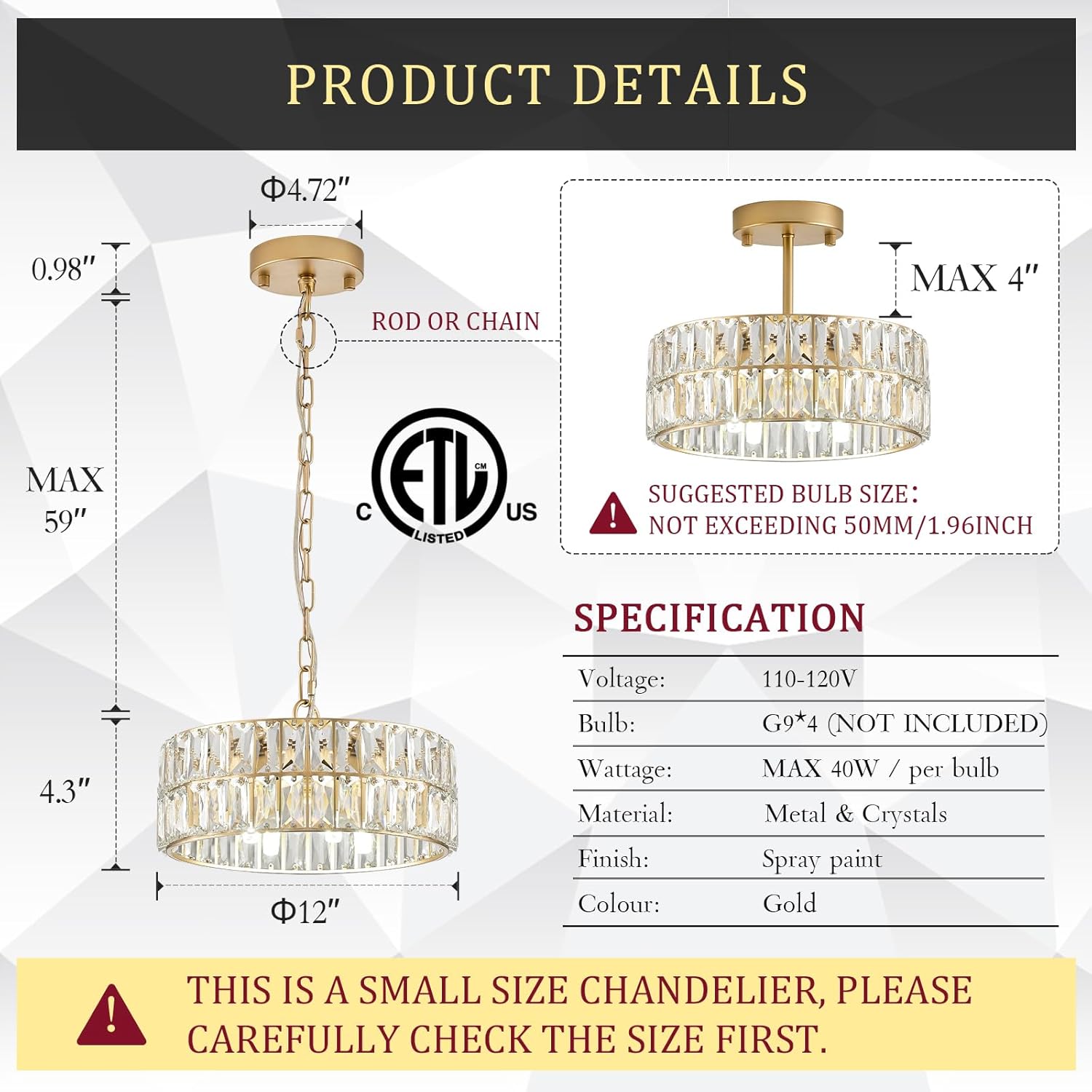 Luxe Black Chandelier — 4-Light - View 2