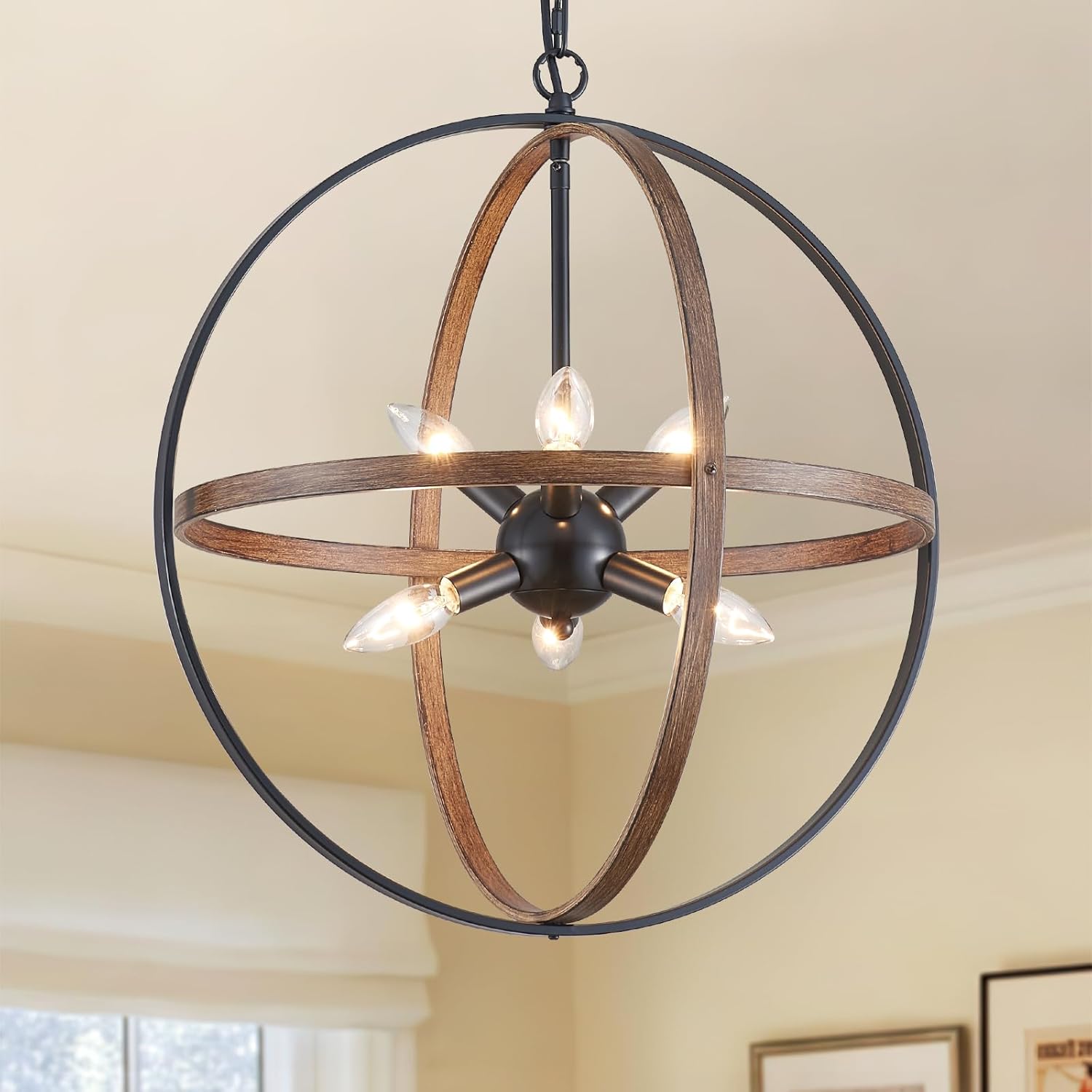 Farmhouse Gold Chandelier — 8-Light — 19.7-Wood Grain Finish