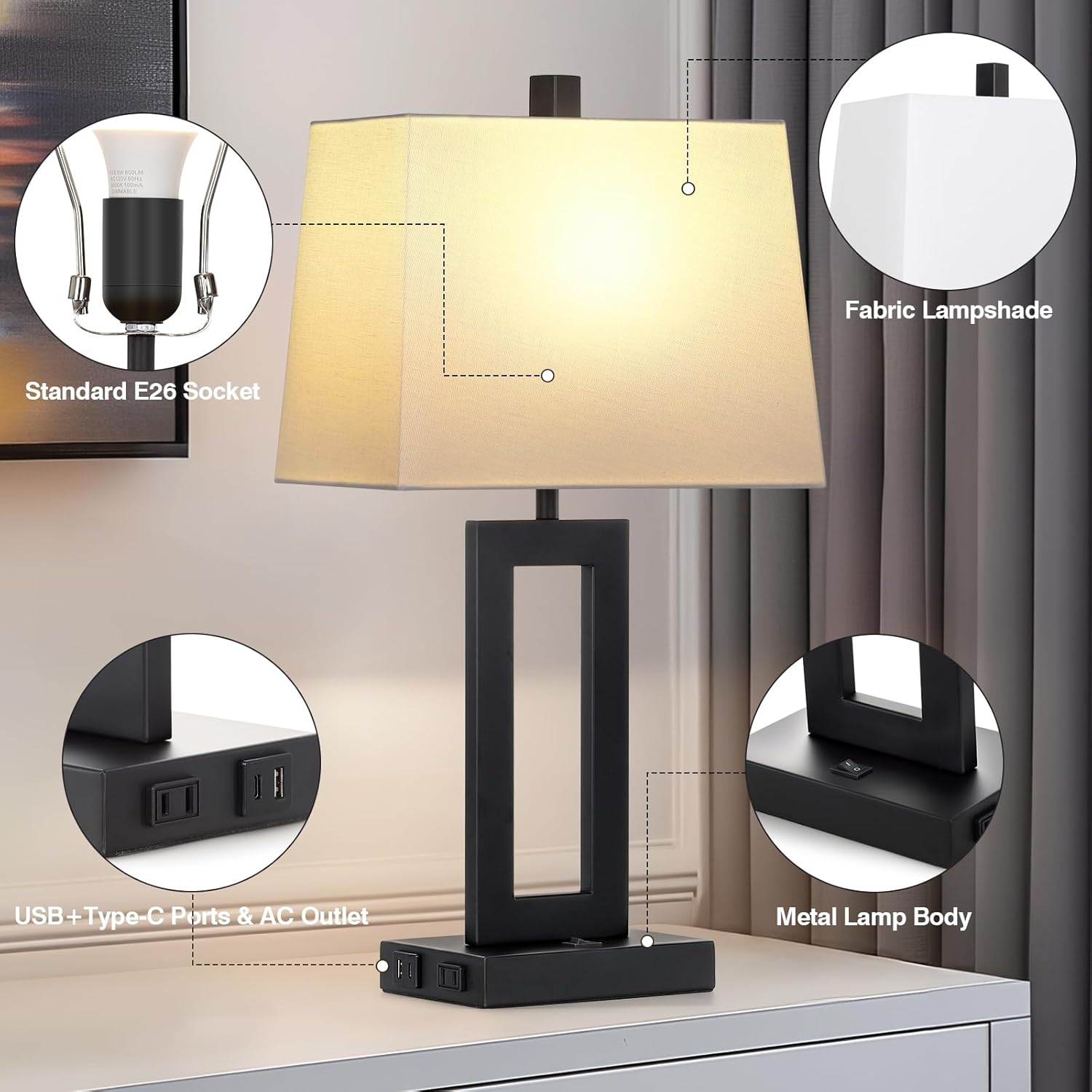 USB Modern Black Bedside Lamp — Set of 2 - View 2