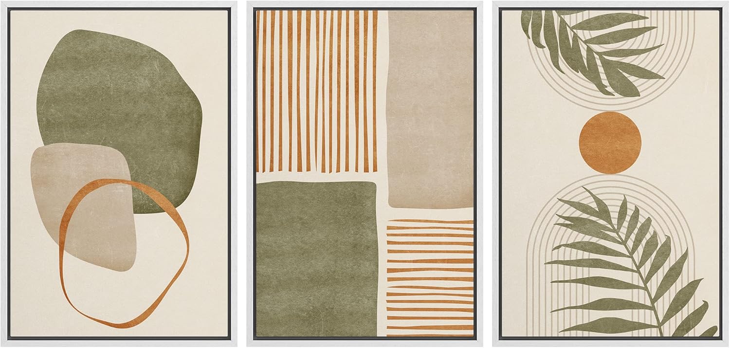 Framed Mid-Century Fabric Wall Art — 24" — 16" x 24" x 3 Panels WHITE