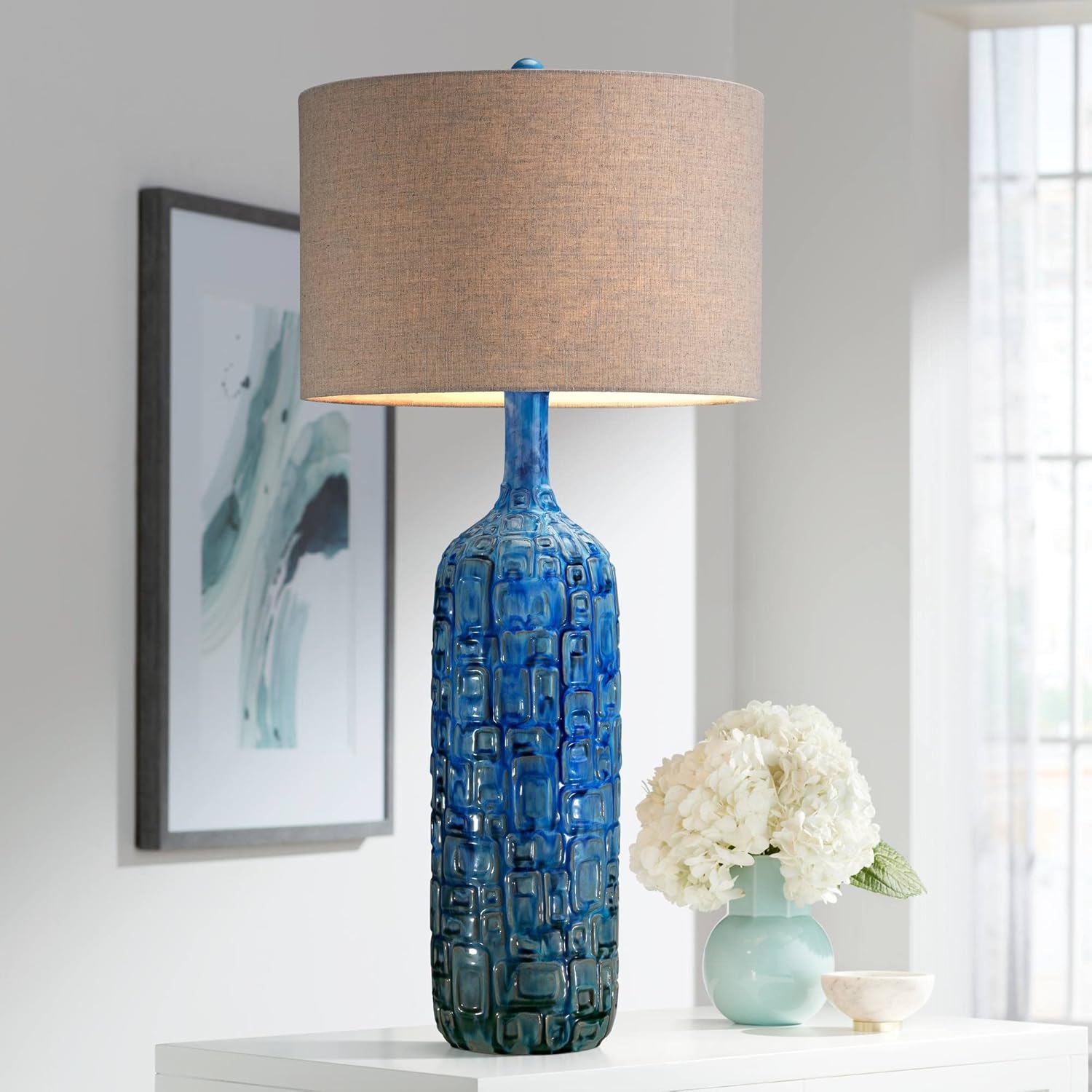 Linen Mid-Century Green Table Lamp — Teal Ceramic