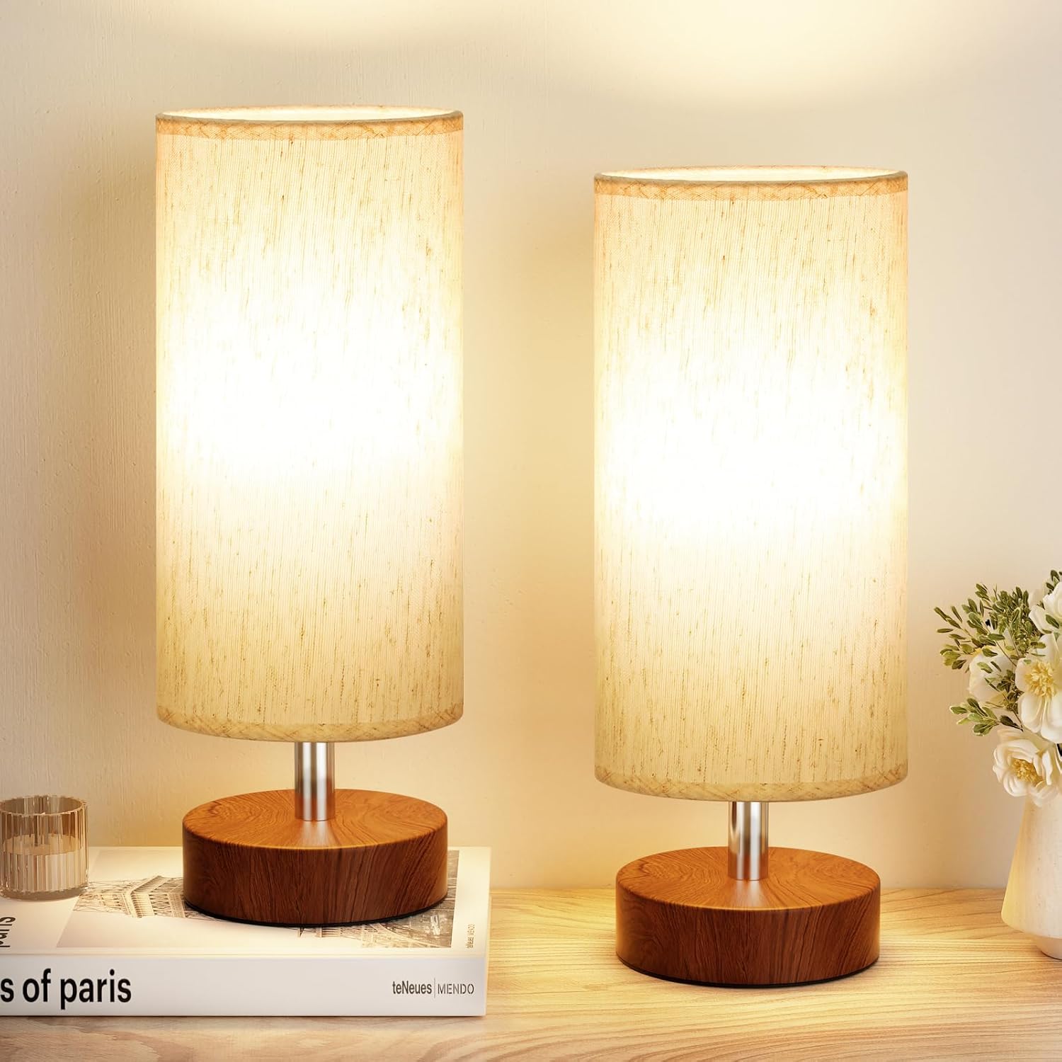 Modern Beige Bedside Lamp — 11.6" — Cream Shade-Walnut Base 2pcs