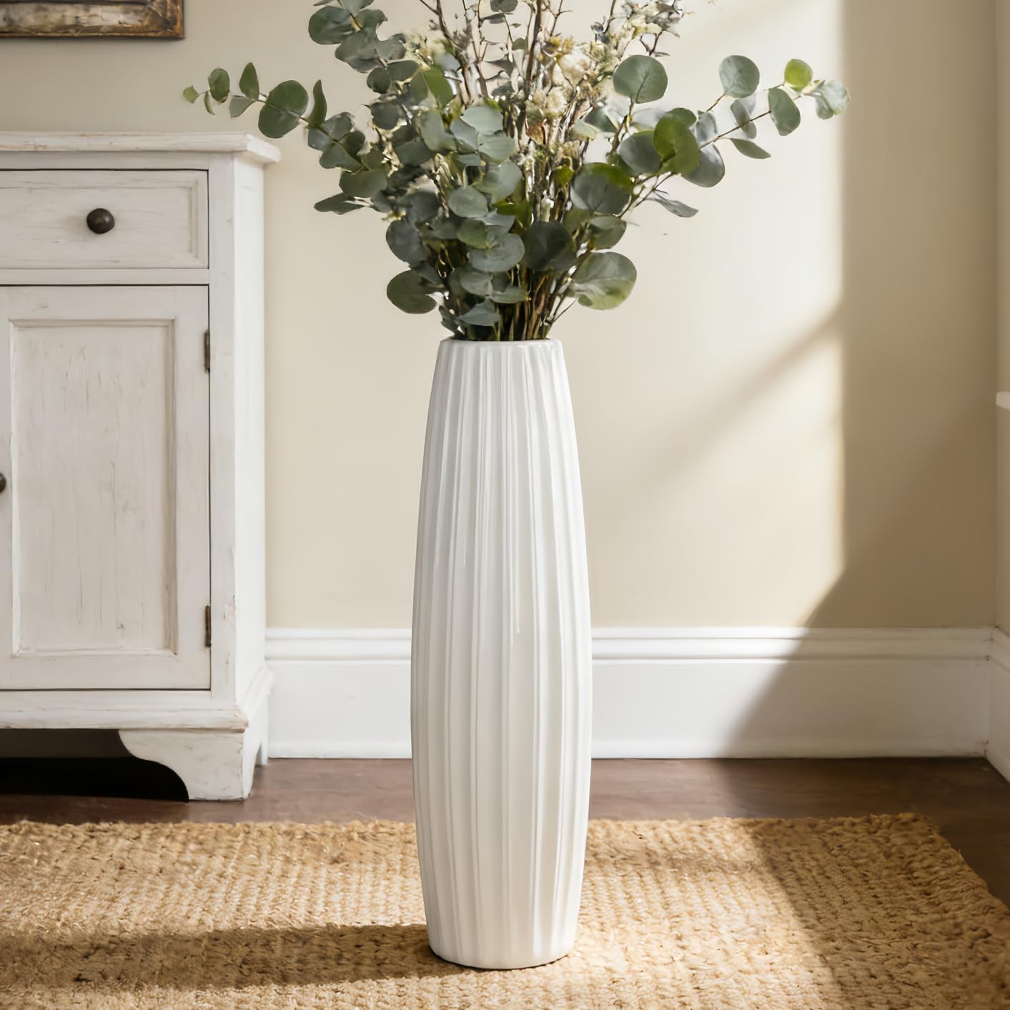 Farmhouse Ceramic Flower Vase — 17.7" — Vertical Stripes