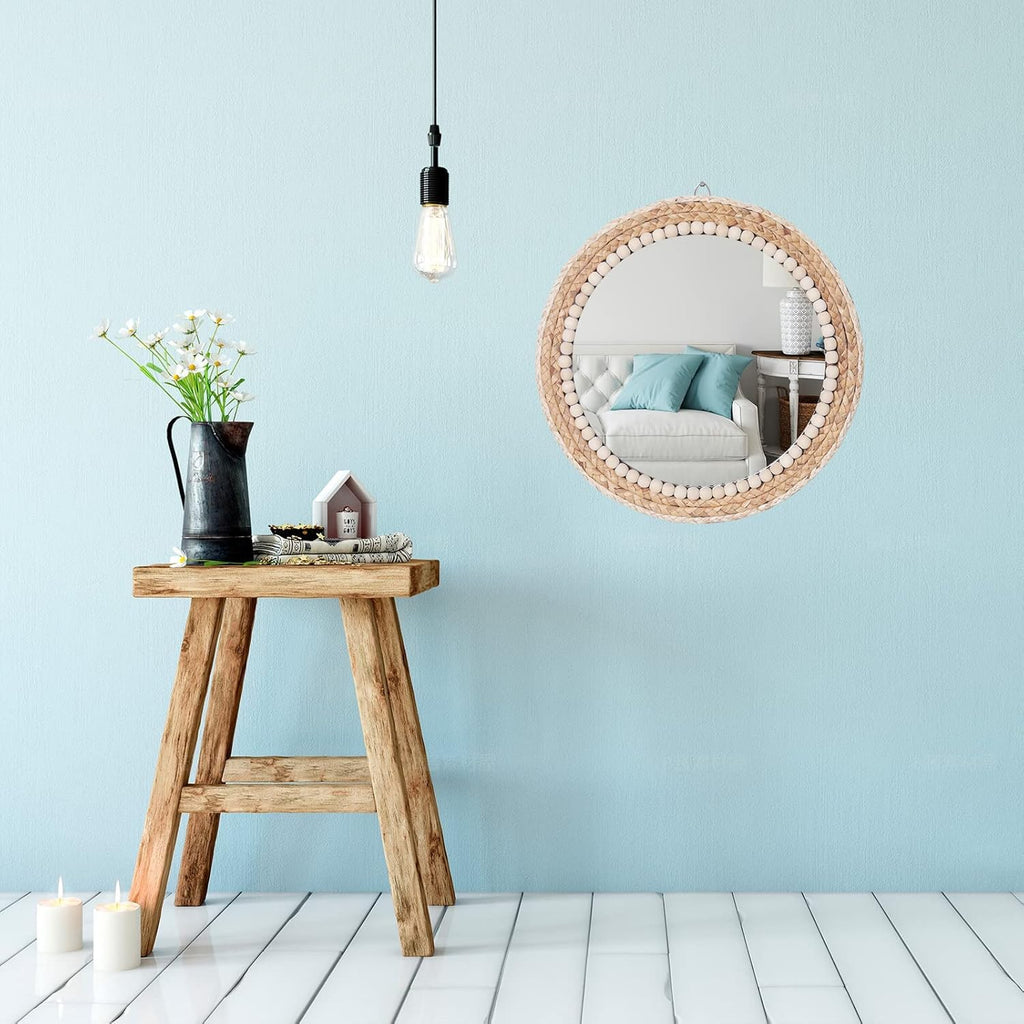 Round Boho Wood Wall Mirror — 15" - View 4