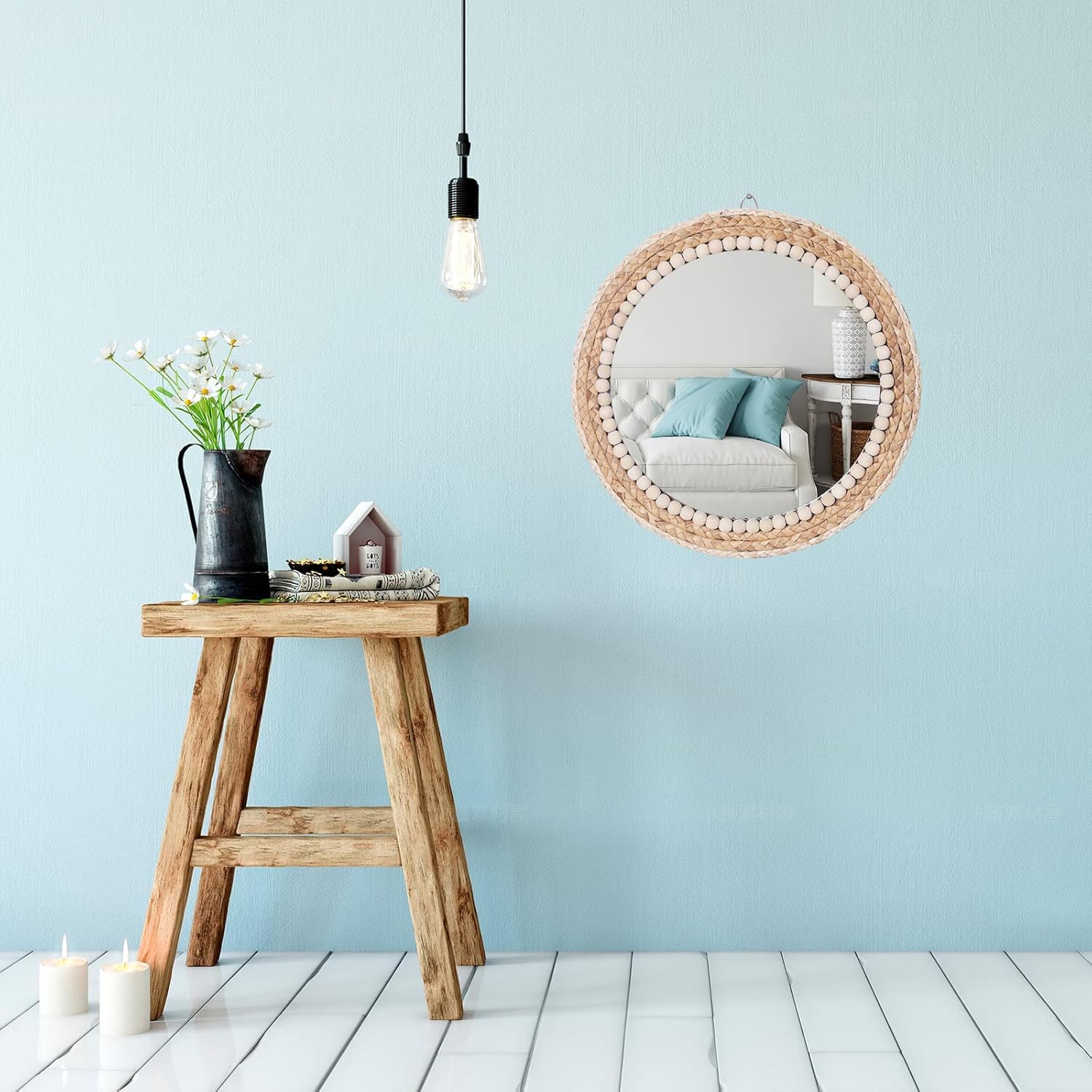Round Boho Wood Wall Mirror — 15" - View 4