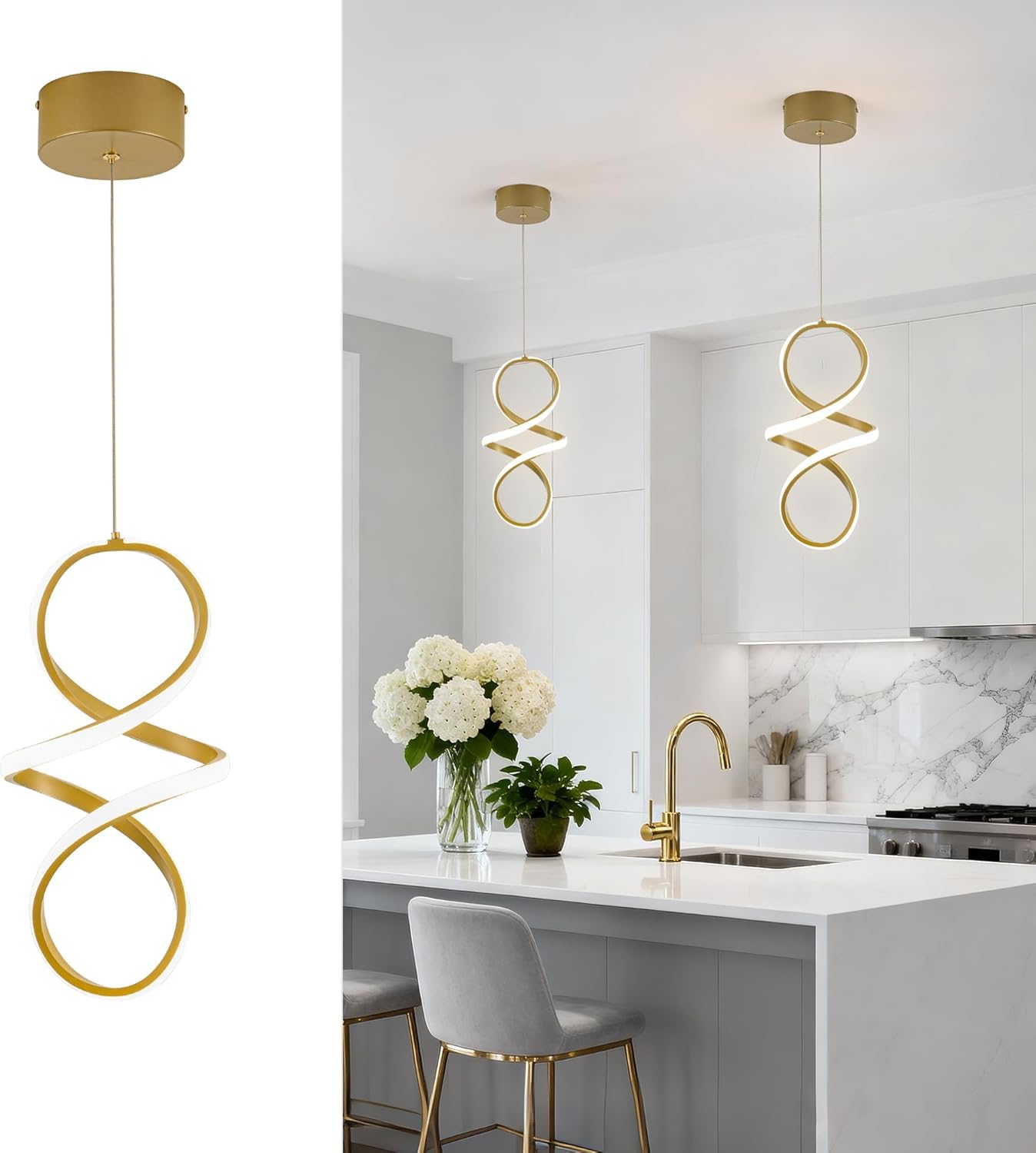 Adjustable Modern Black Pendant Light — Gold Spiral 4000K