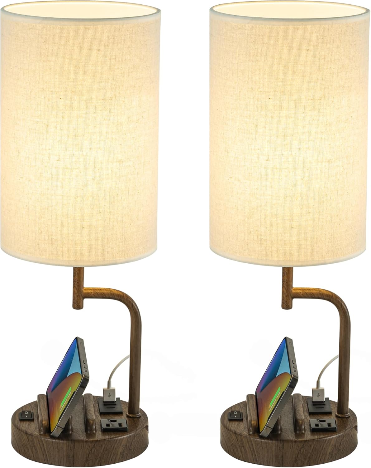 USB Charging Modern Beige Bedside Lamp — Set of 2 — Walnut