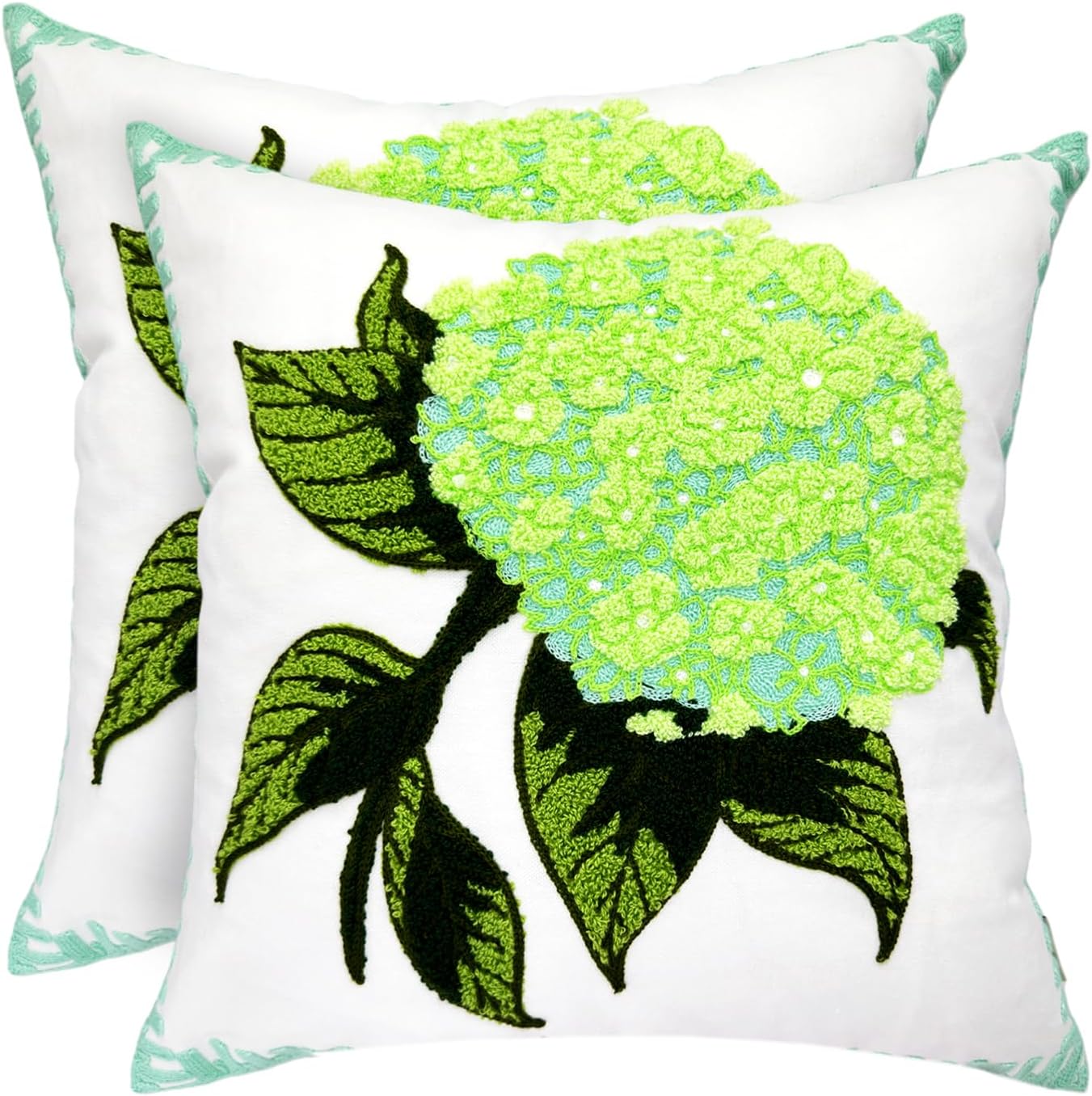 Embroidered Boho Blue Throw Pillow Cover — 18" — Hydrangea Green