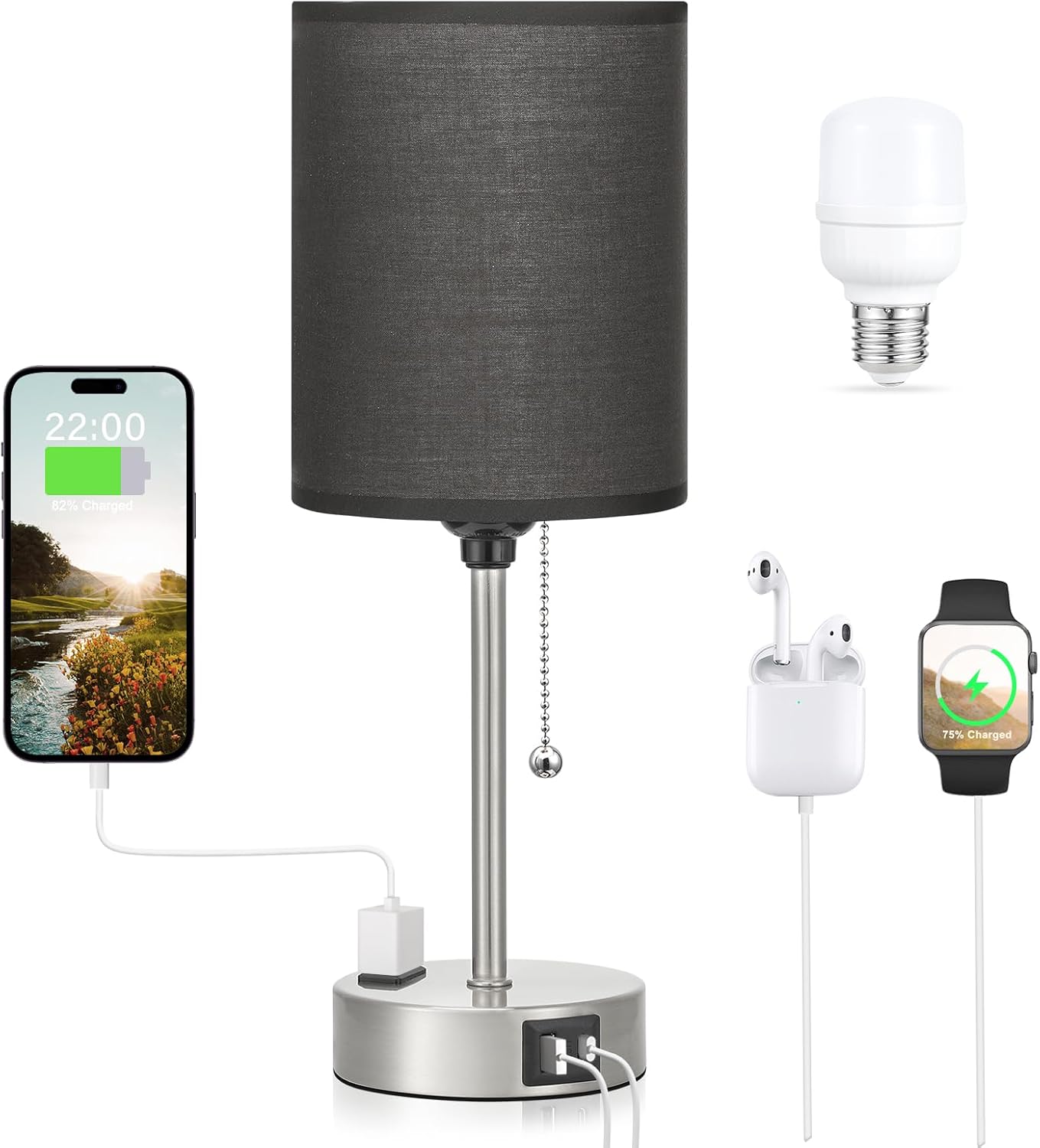 USB Beige Bedside Lamp — 14.6 in