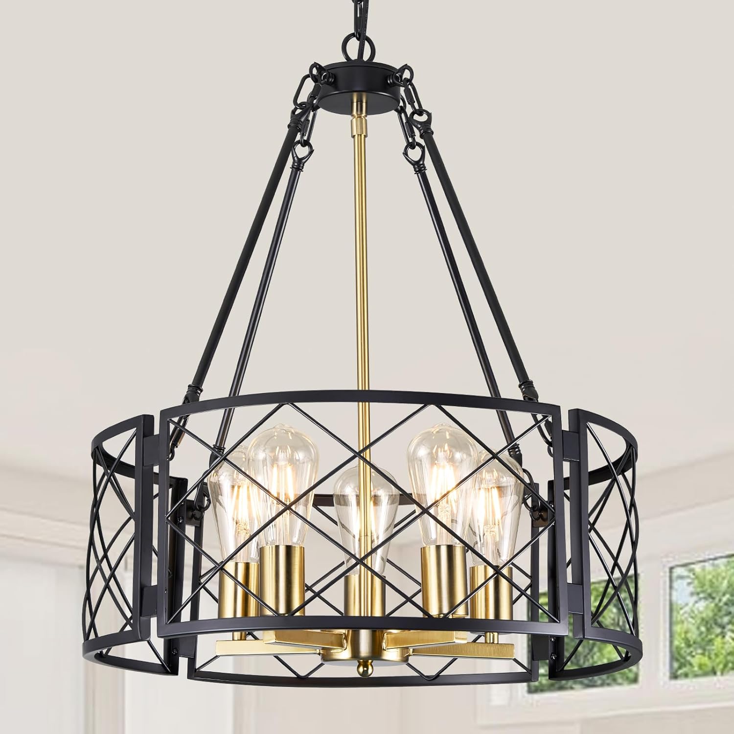 Farmhouse Black Chandelier — 6-Light — Black and Gold-21"(Easy to Install)