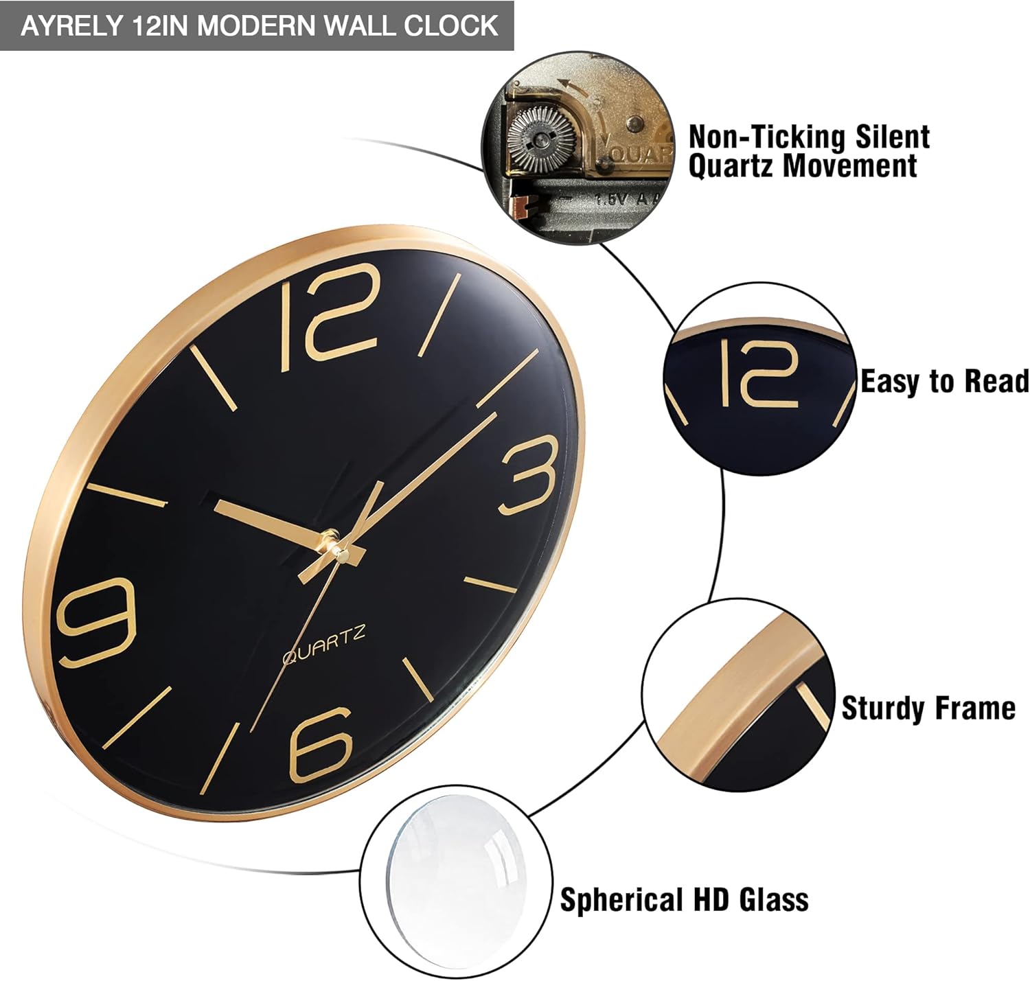 Battery Operated Luxe Black Wall Clock — 12" - View 5