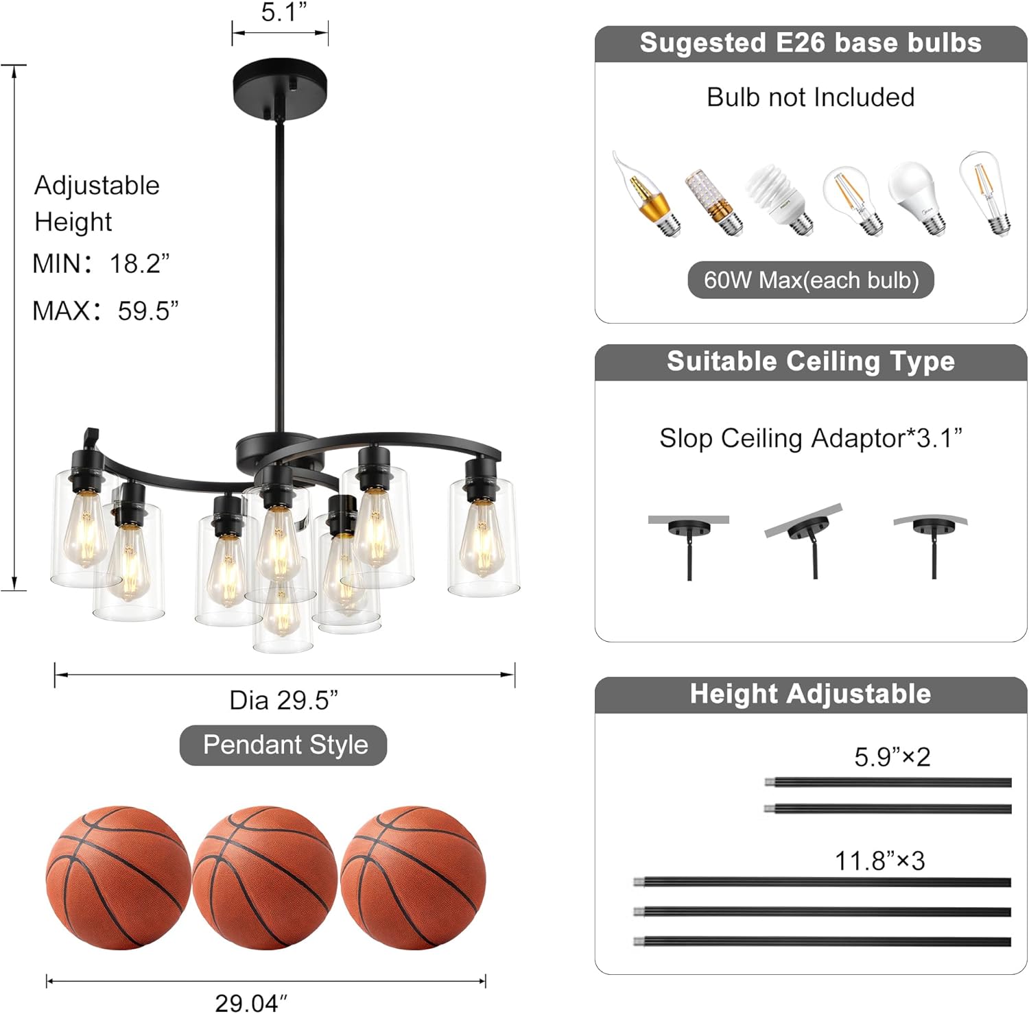 Farmhouse Black Chandelier — 9-Light - View 3