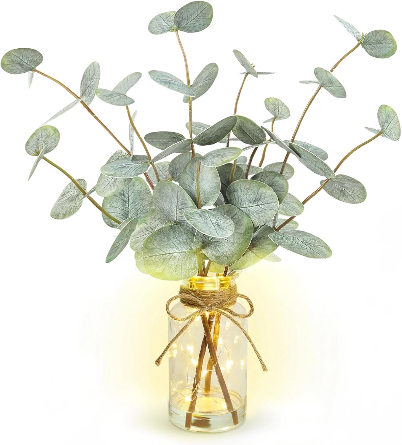 Farmhouse Beige Artificial Plant — 13.5" — Green Eucalyptus With Led Light