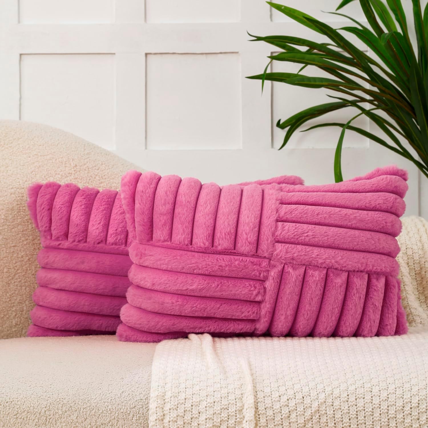 Velvet Boho Beige Throw Pillow Cover — 18" — Hotpink