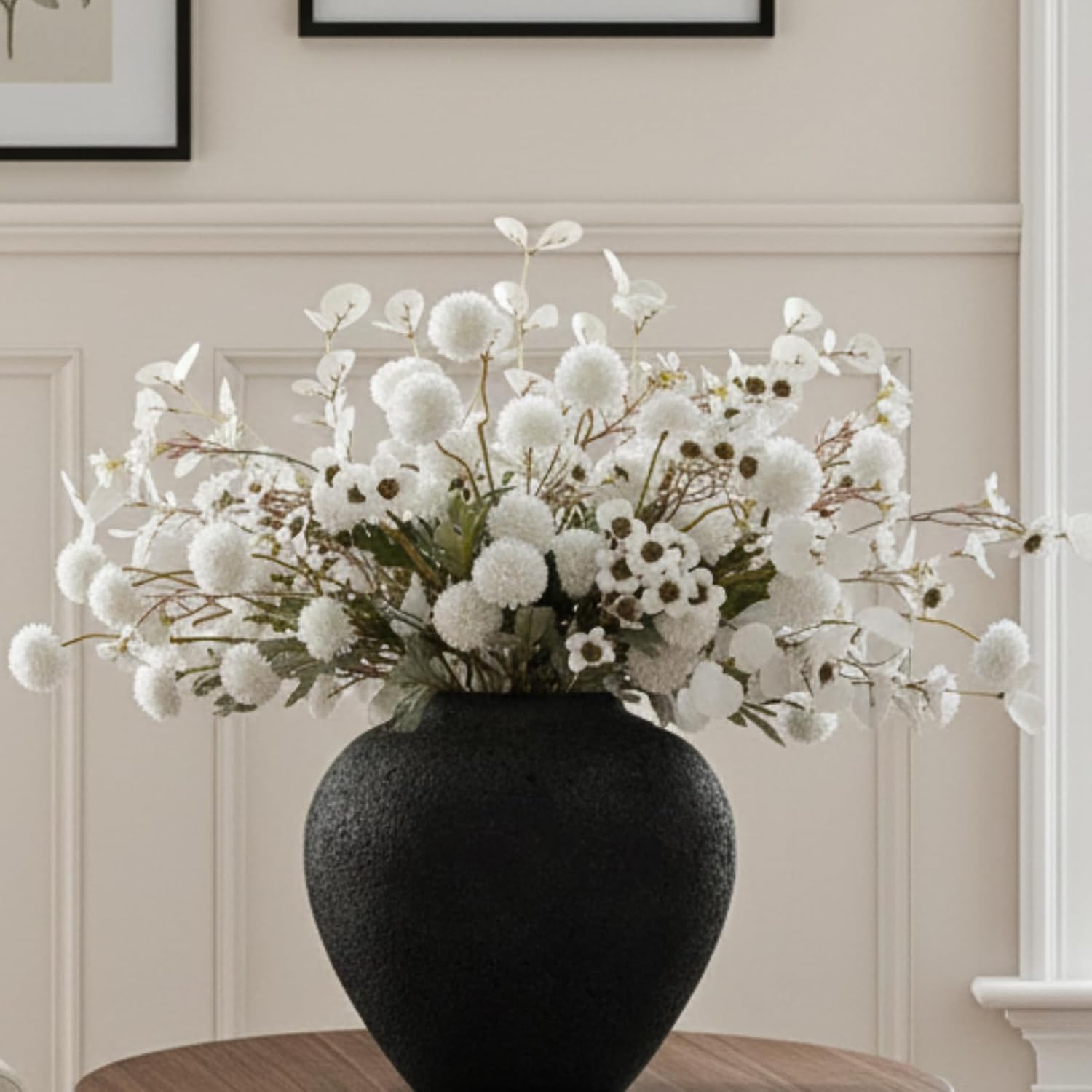 Pom Pom Beige Artificial Flowers — White Kiku+wax+eucalyptus