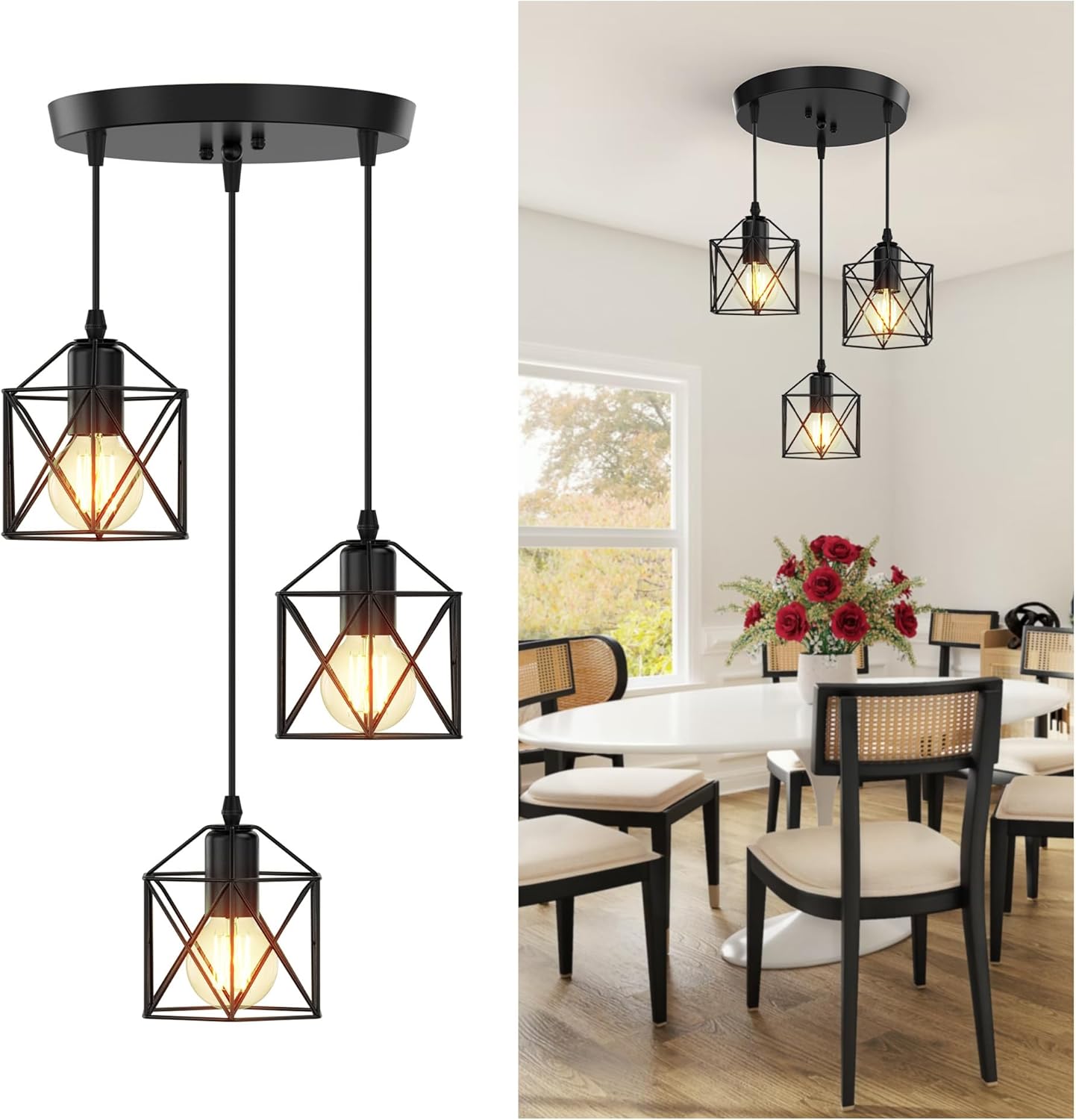 Adjustable Farmhouse Beige Pendant Light — 3-Light — Round Base Metal Pendant - 3-Light (Black)