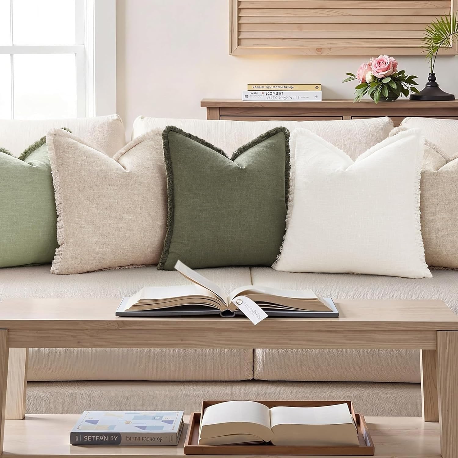 Linen Boho Beige Throw Pillow Cover — 18" - View 8