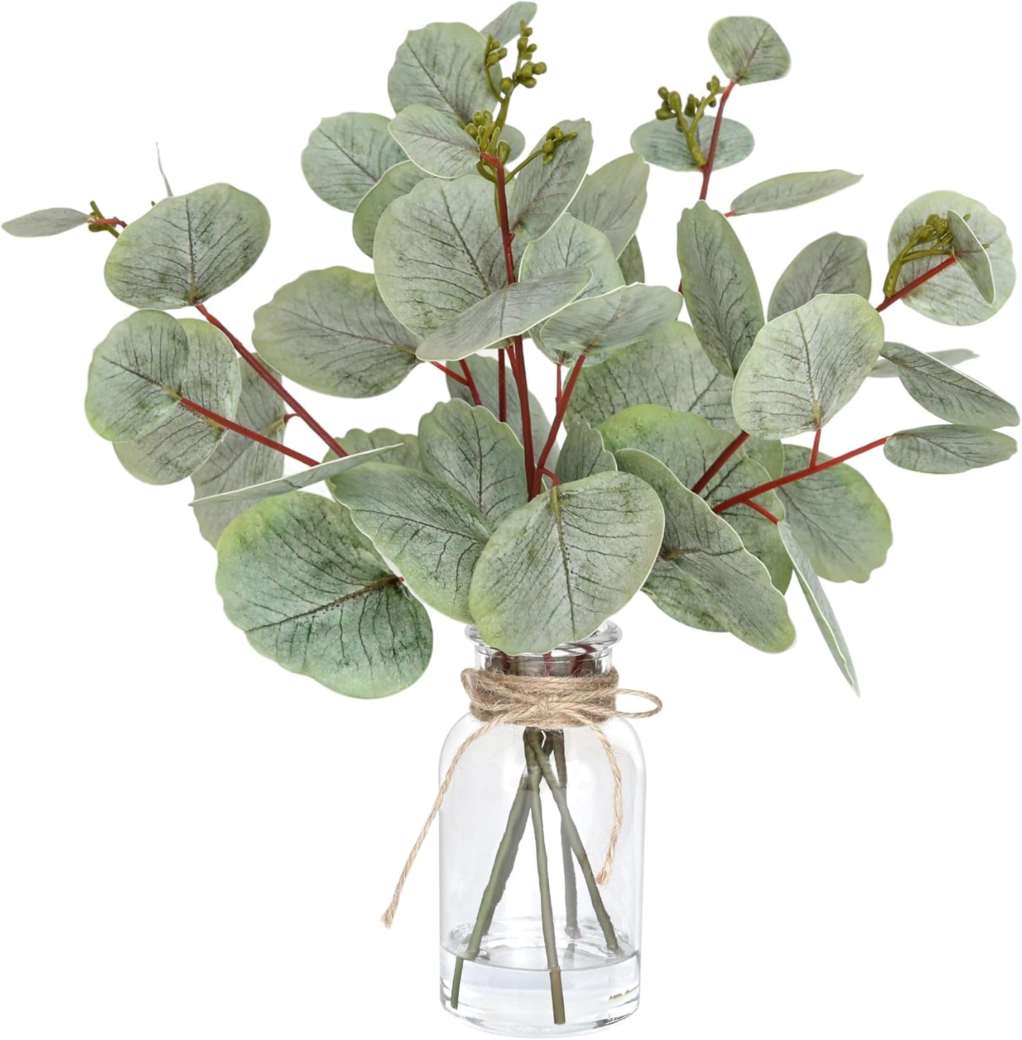 Farmhouse Glass Artificial Plant — Double-Sided Green Eucalyptus with Seed