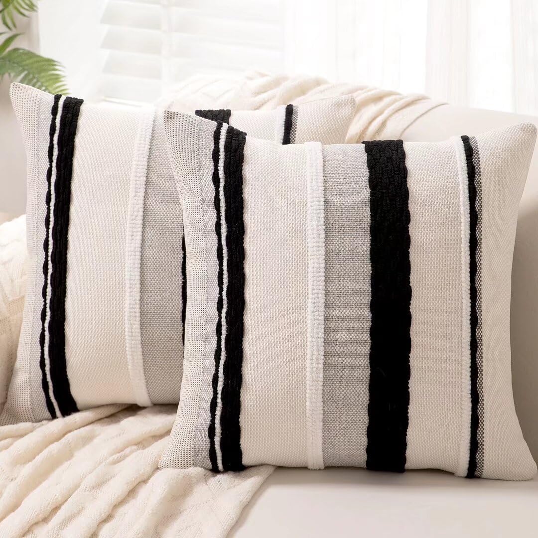 Chenille Boho Black Throw Pillow Cover — 18" — Black Stripe 2