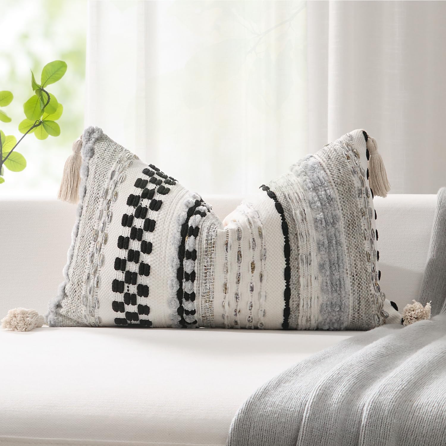 Tufted Boho Beige Throw Pillow Cover — 20" — 24" x 12" (Pack of 1)