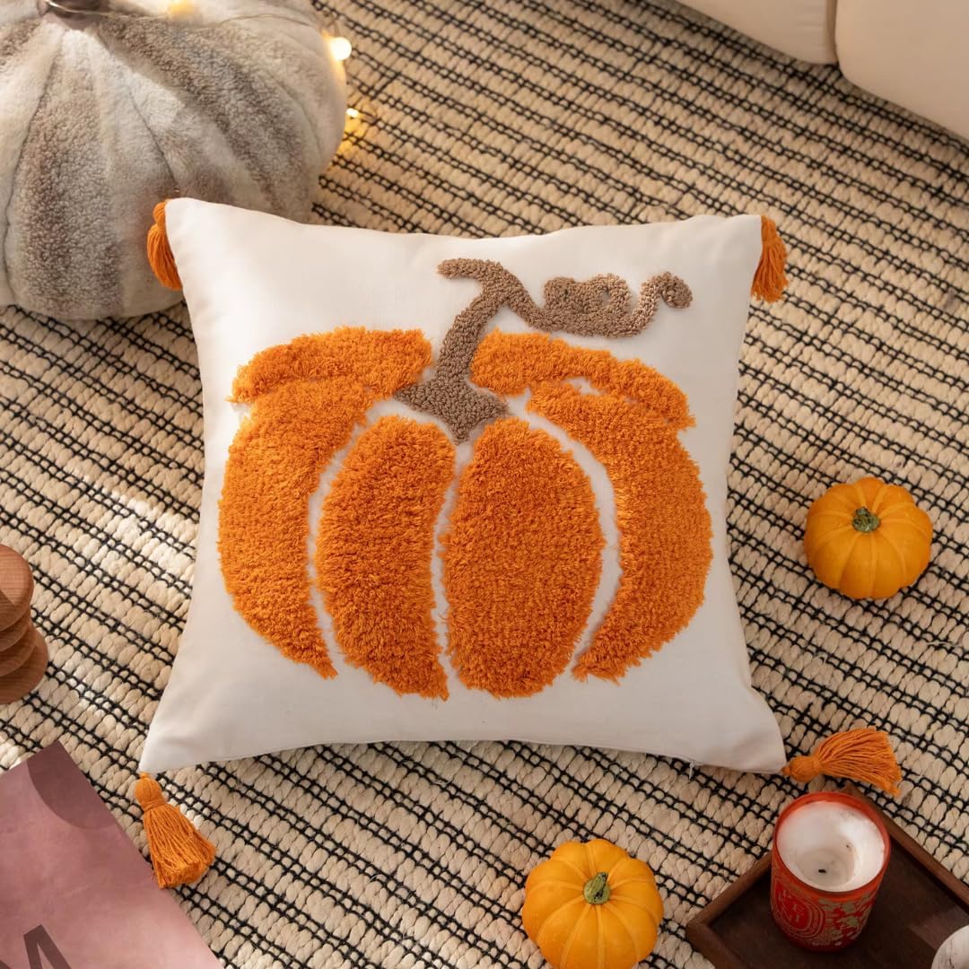 Embroidered Boho Beige Throw Pillow Cover — 18" — Bright Orange Pumpkin
