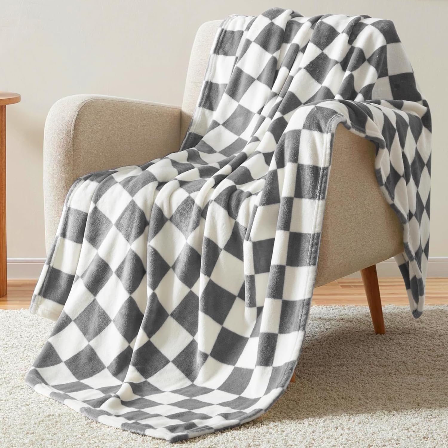 Beige Throw Pillow — 60" — Checkered Dark Grey