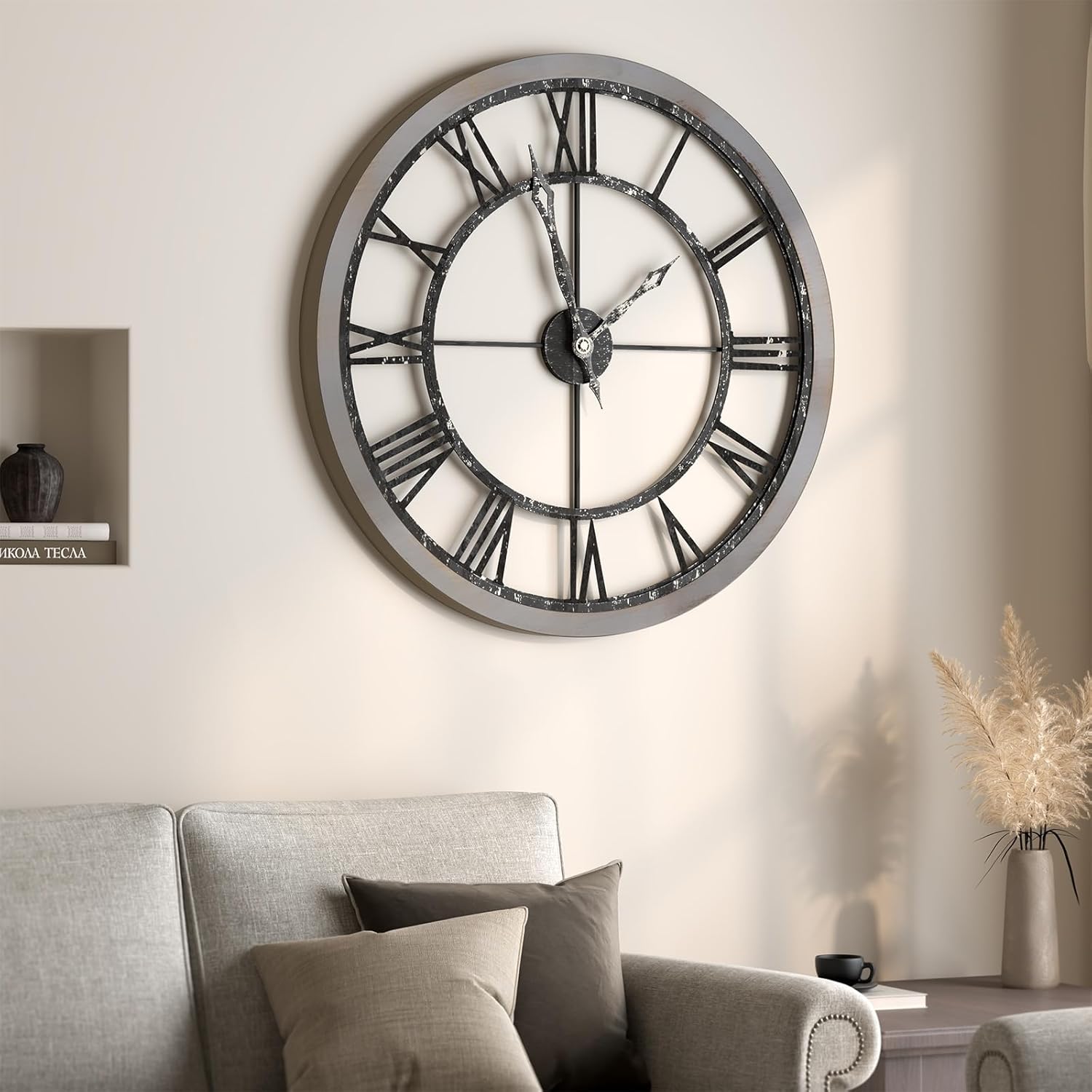 Battery-Operated Modern Black Wall Clock — 30" — Wood Industrial Roman