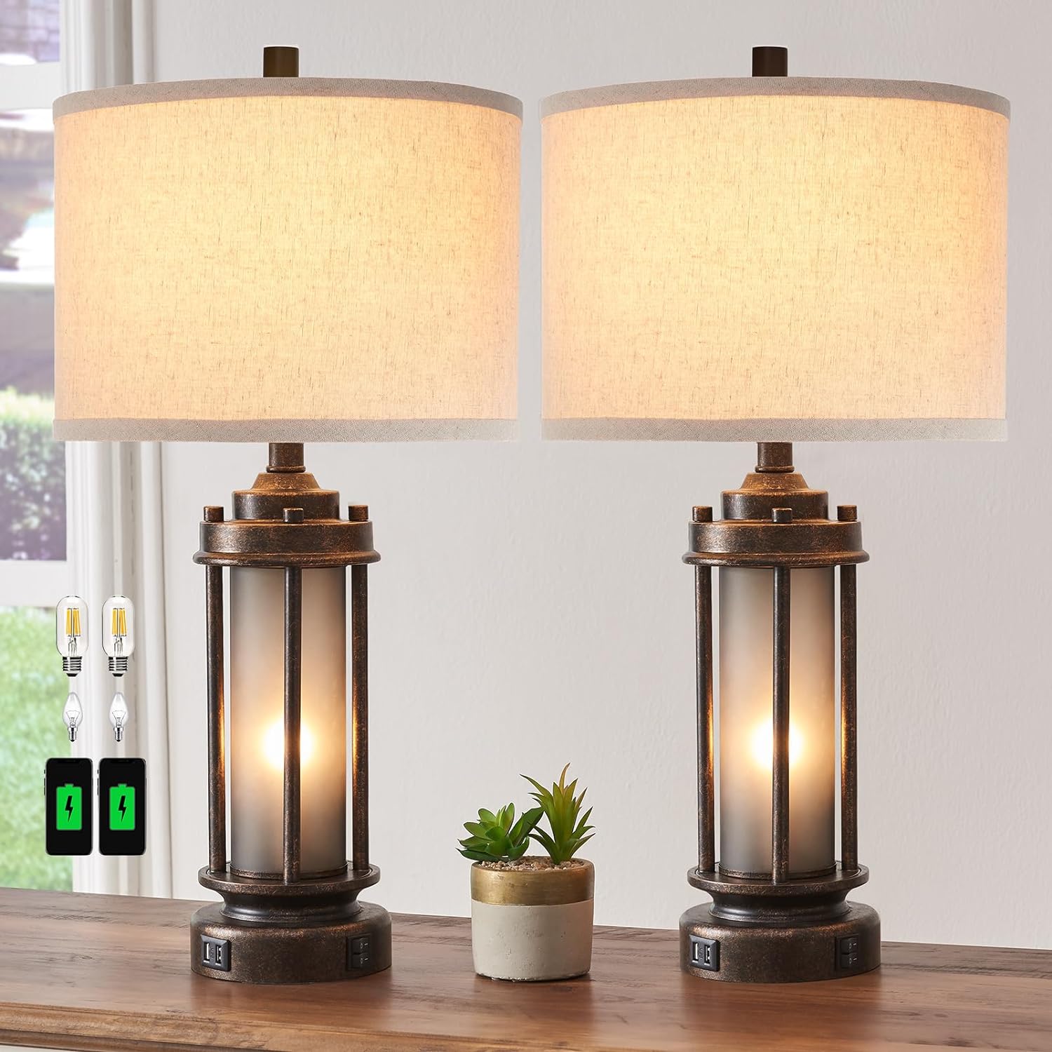 USB Charging Farmhouse Black Table Lamp — Set of 2 — Bronze