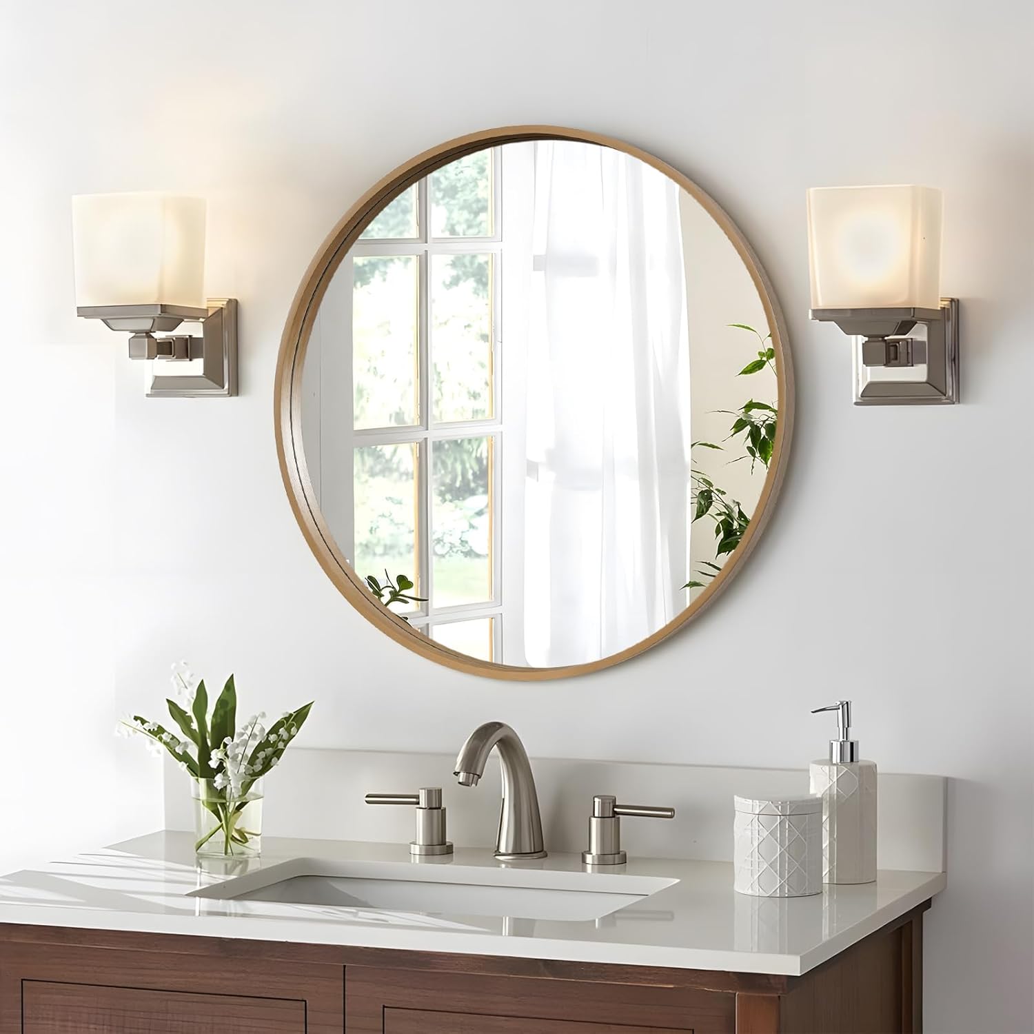 Round Beige Wall Mirror — 24" — Honey