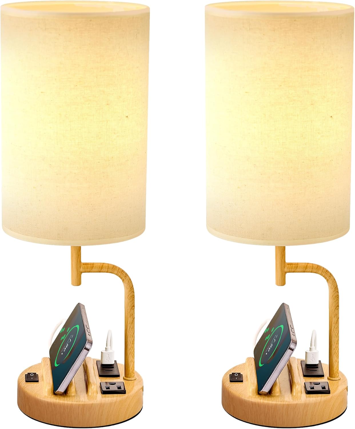 USB Charging Modern Beige Bedside Lamp — Set of 2 — Cream Linen Shade