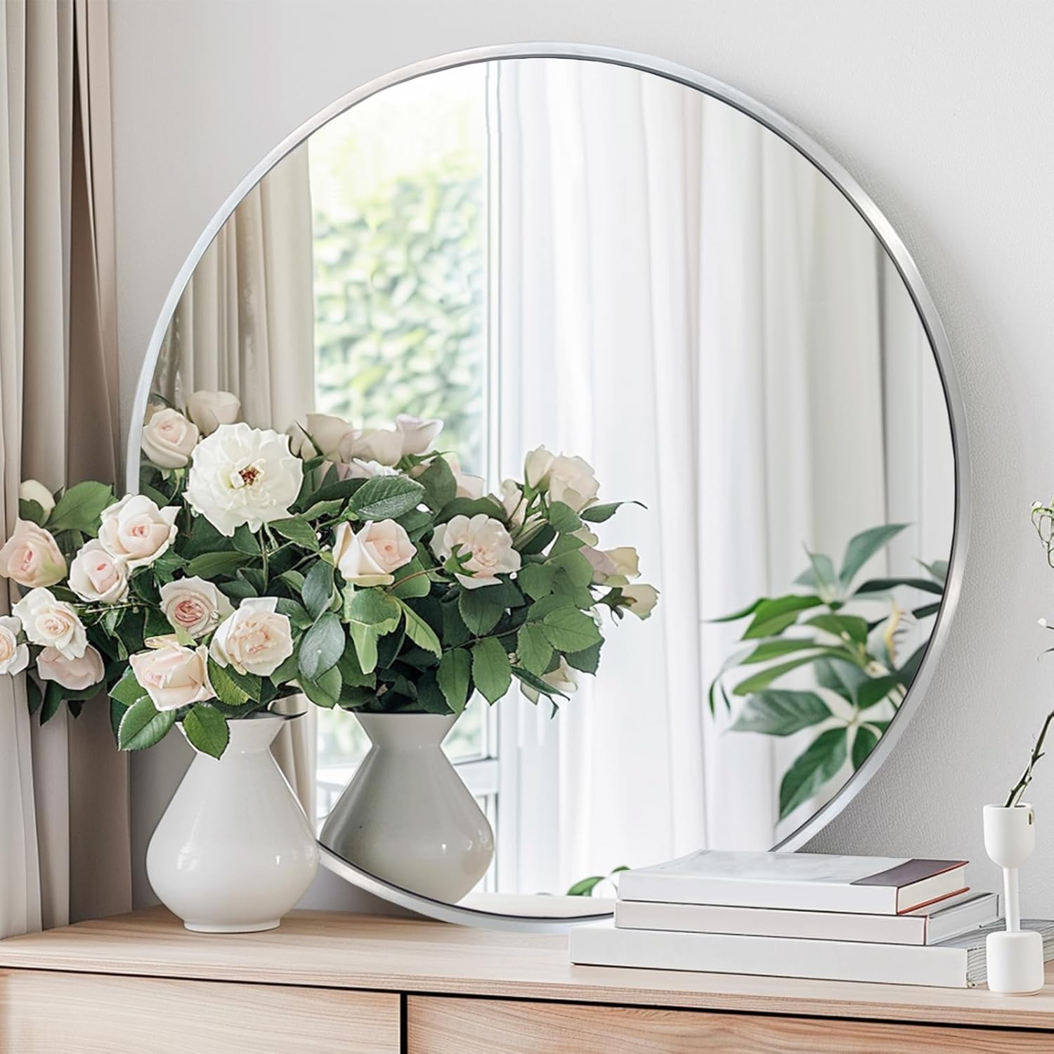 Round Black Wall Mirror — 30" — Silver