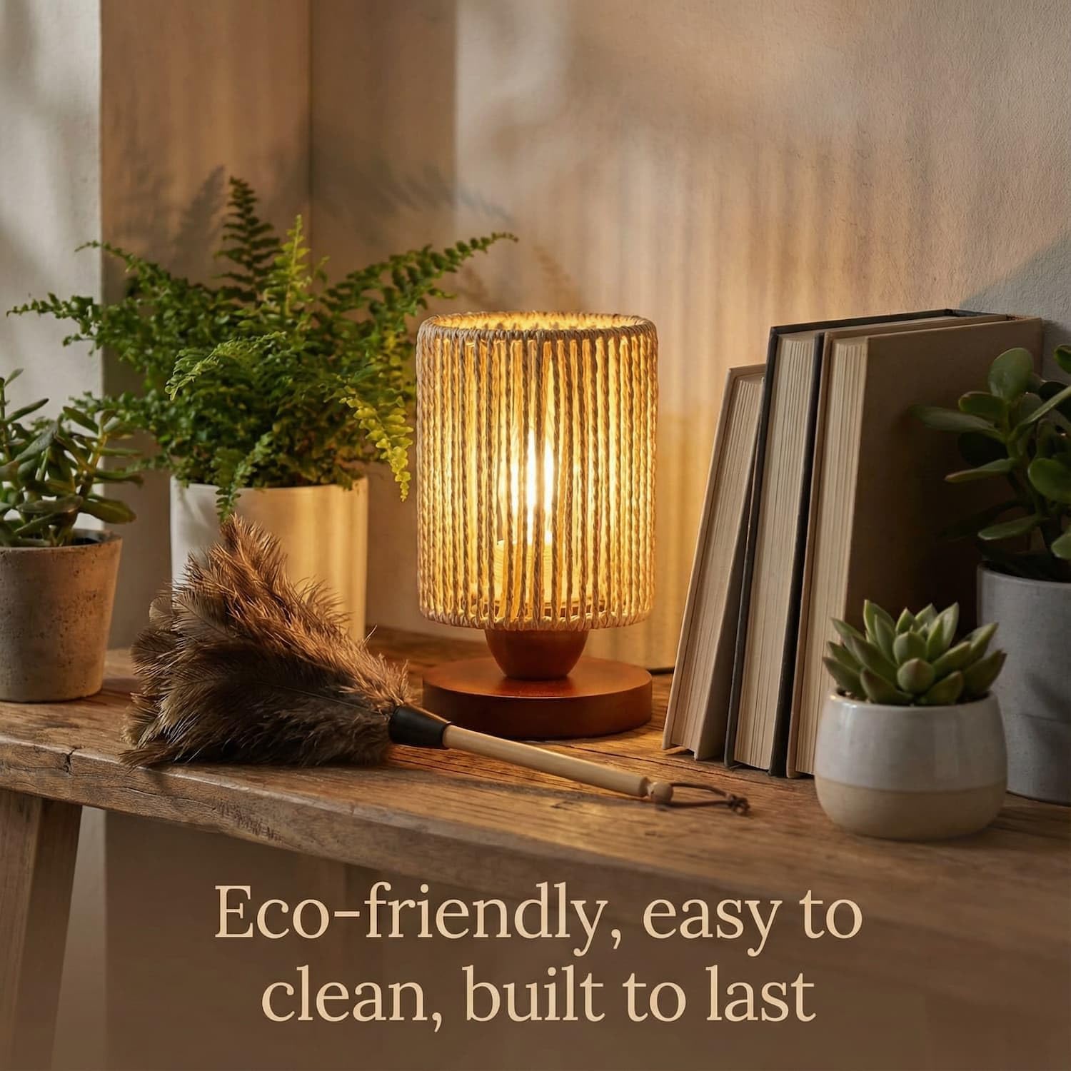 Handwoven Boho Wood Bedside Lamp — 8.6" - View 9