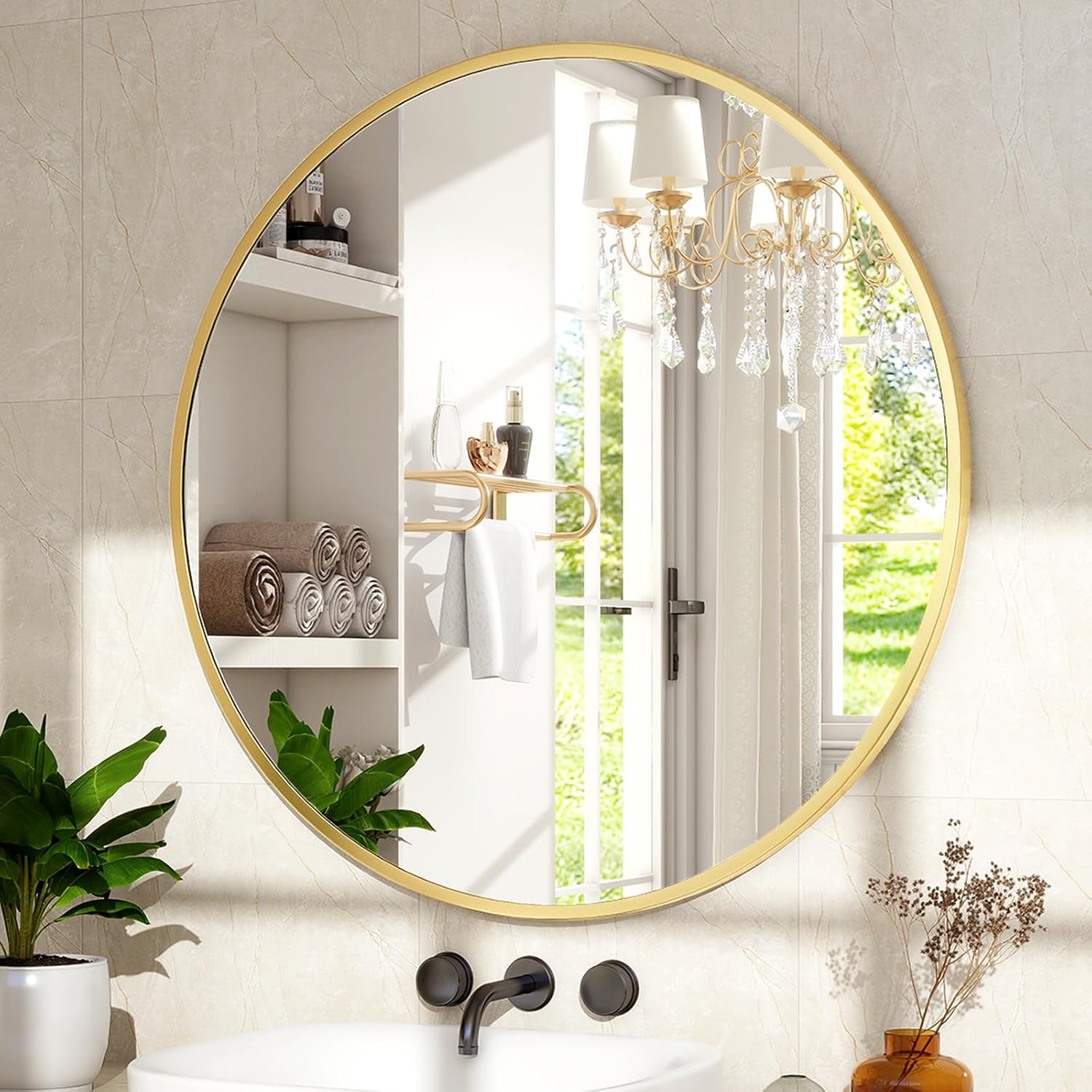Round Modern Black Wall Mirror — 30" — Round-gold
